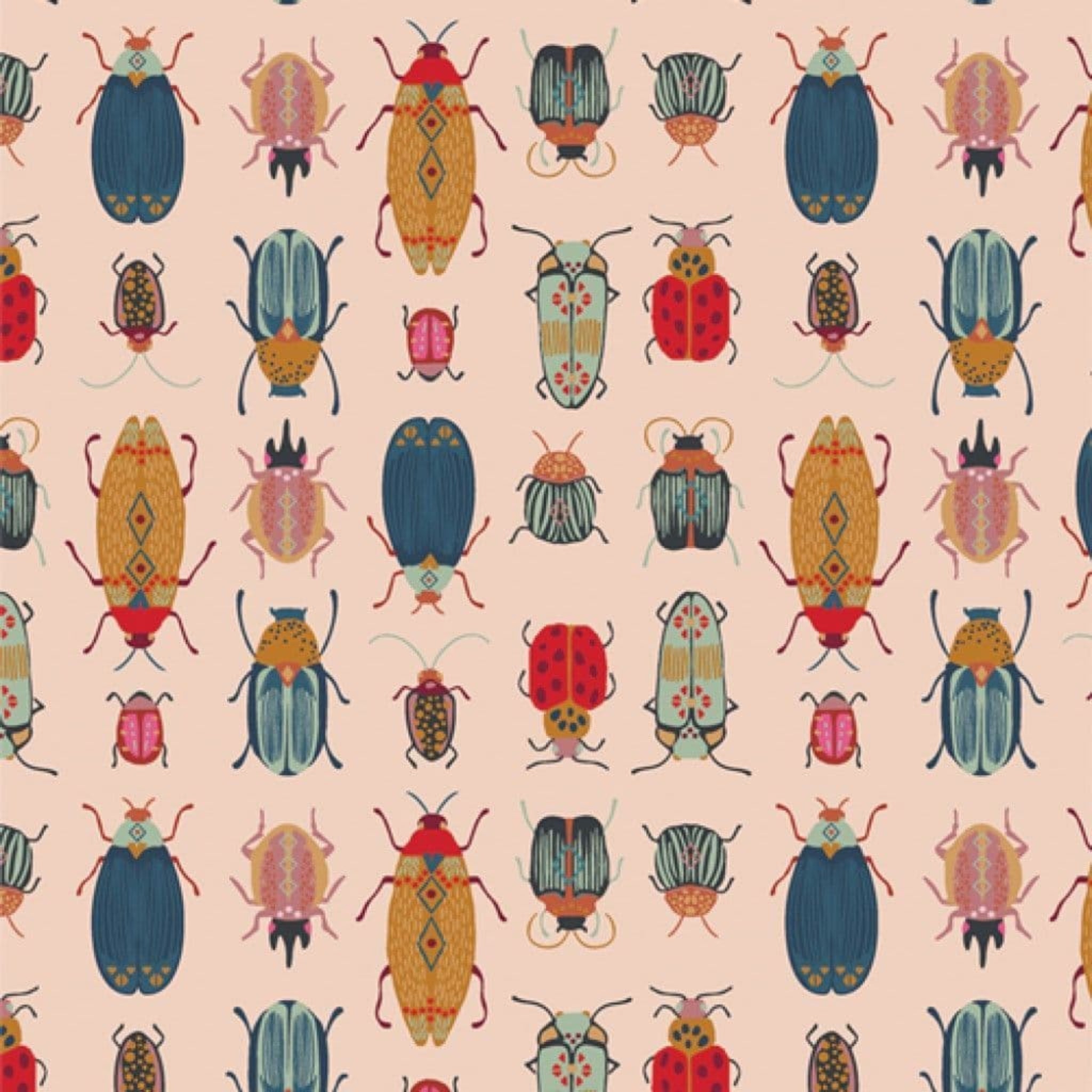 Pattern of colorful beetles on a beig background.