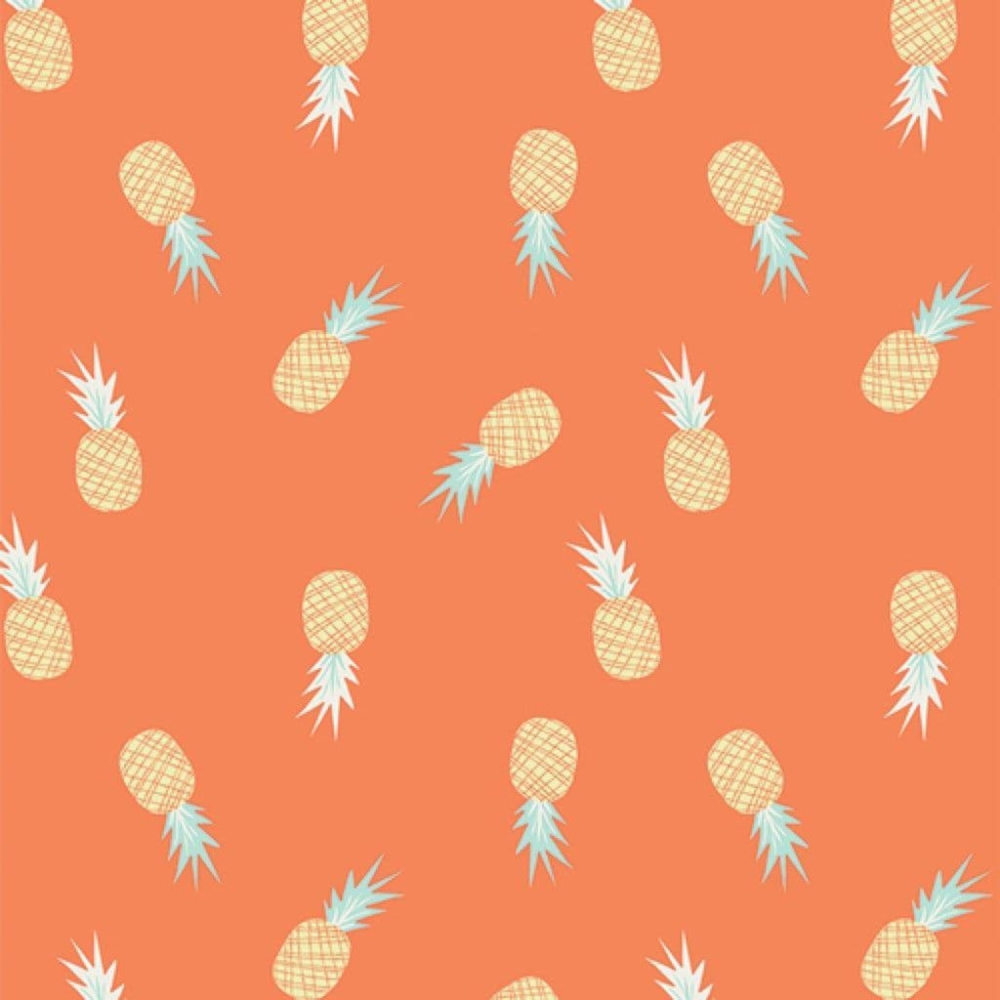 Pattern of pineapples on an orange background. 100% cotton fabric.