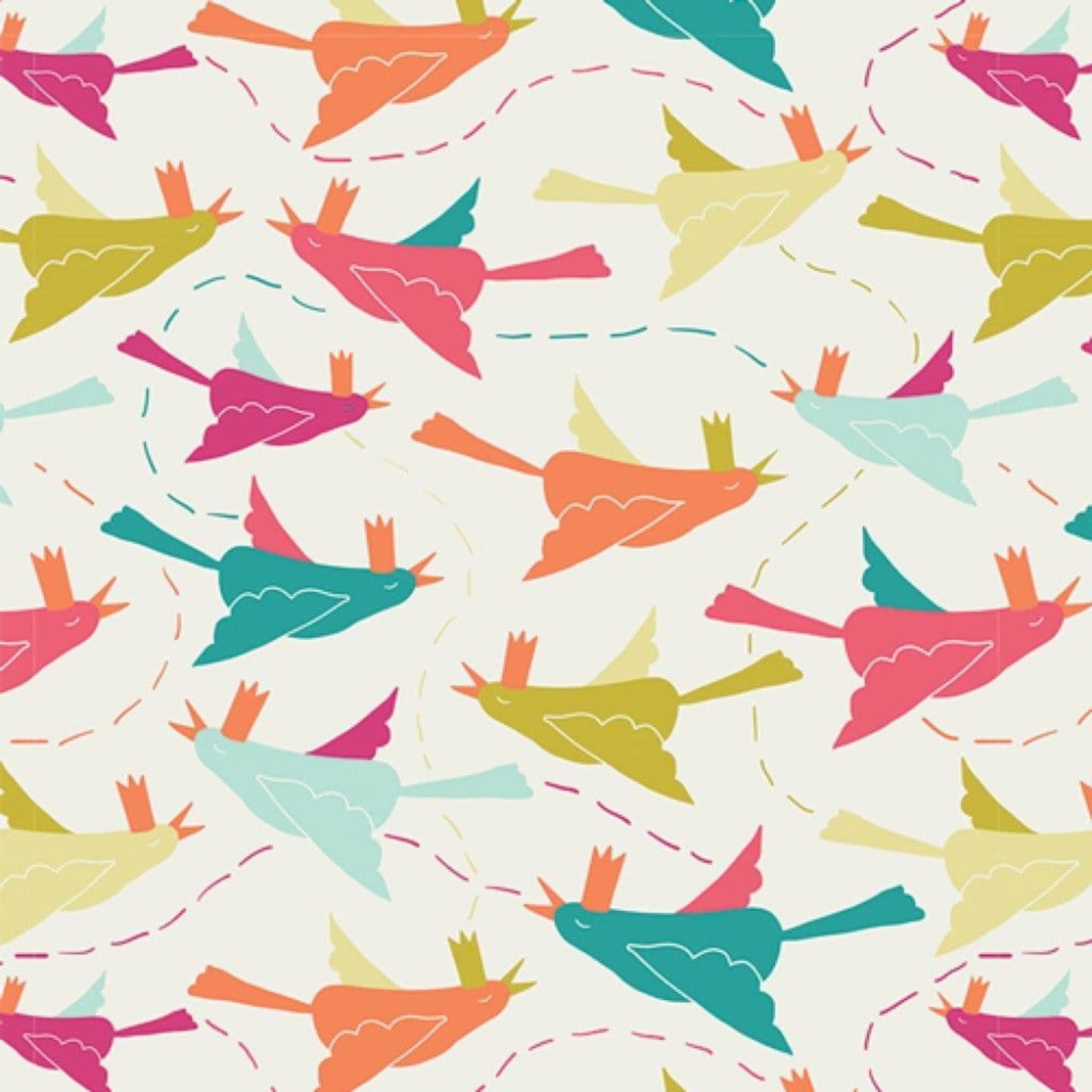 Pattern of colorful birds on a white background. 100% cotton fabric.