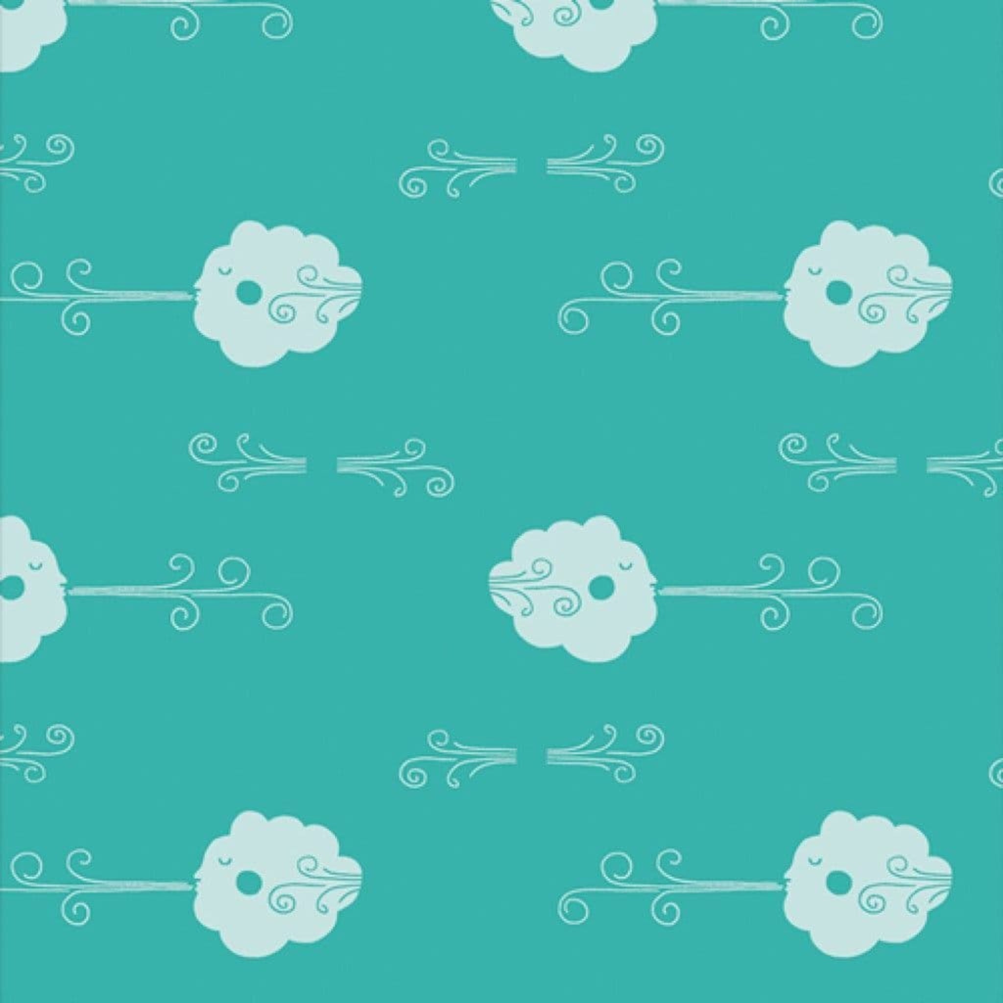 Puffing clouds on light teal 100% cotton fabric.