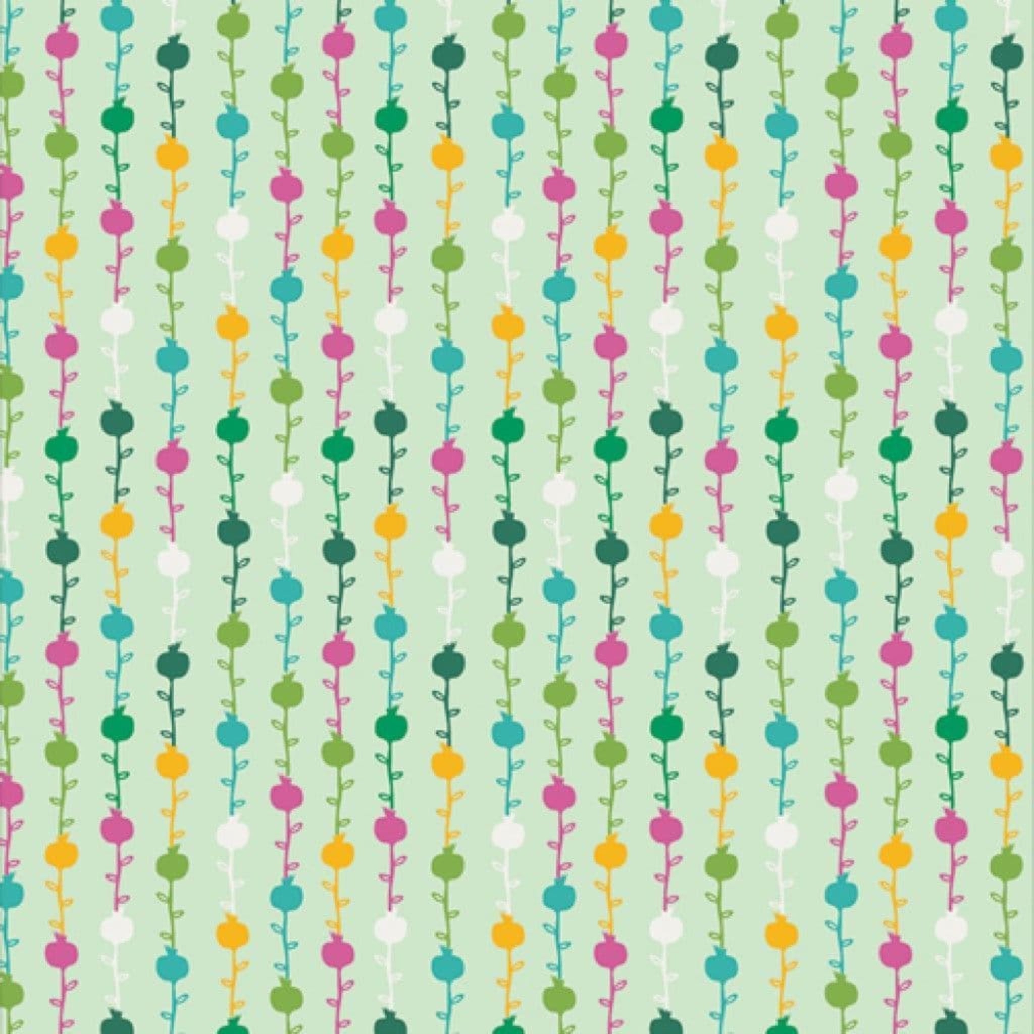 Pale green background 100% cotton fabric, with multi-coloured seeds and leaves pattern.