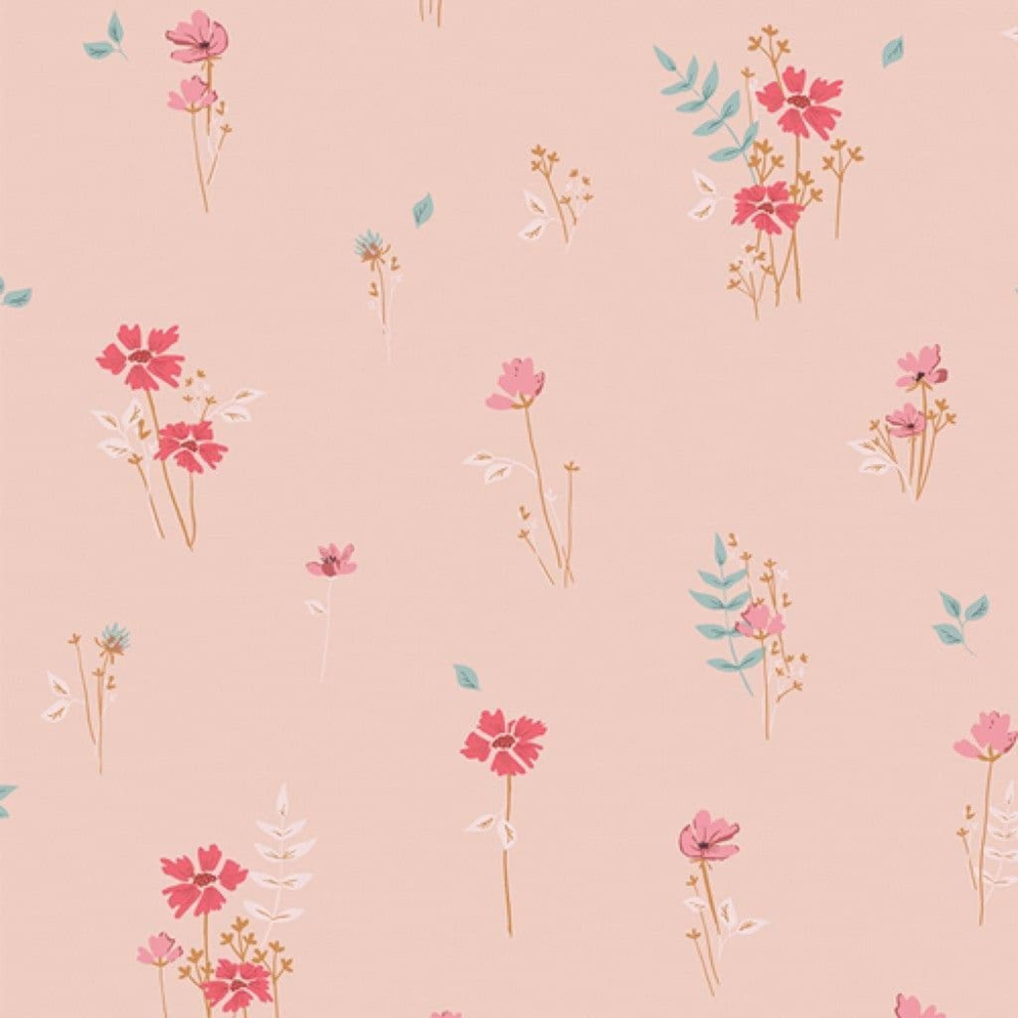 Floral pattern with pink flowers and green leaves on a light pink background. 100% cotton fabric.