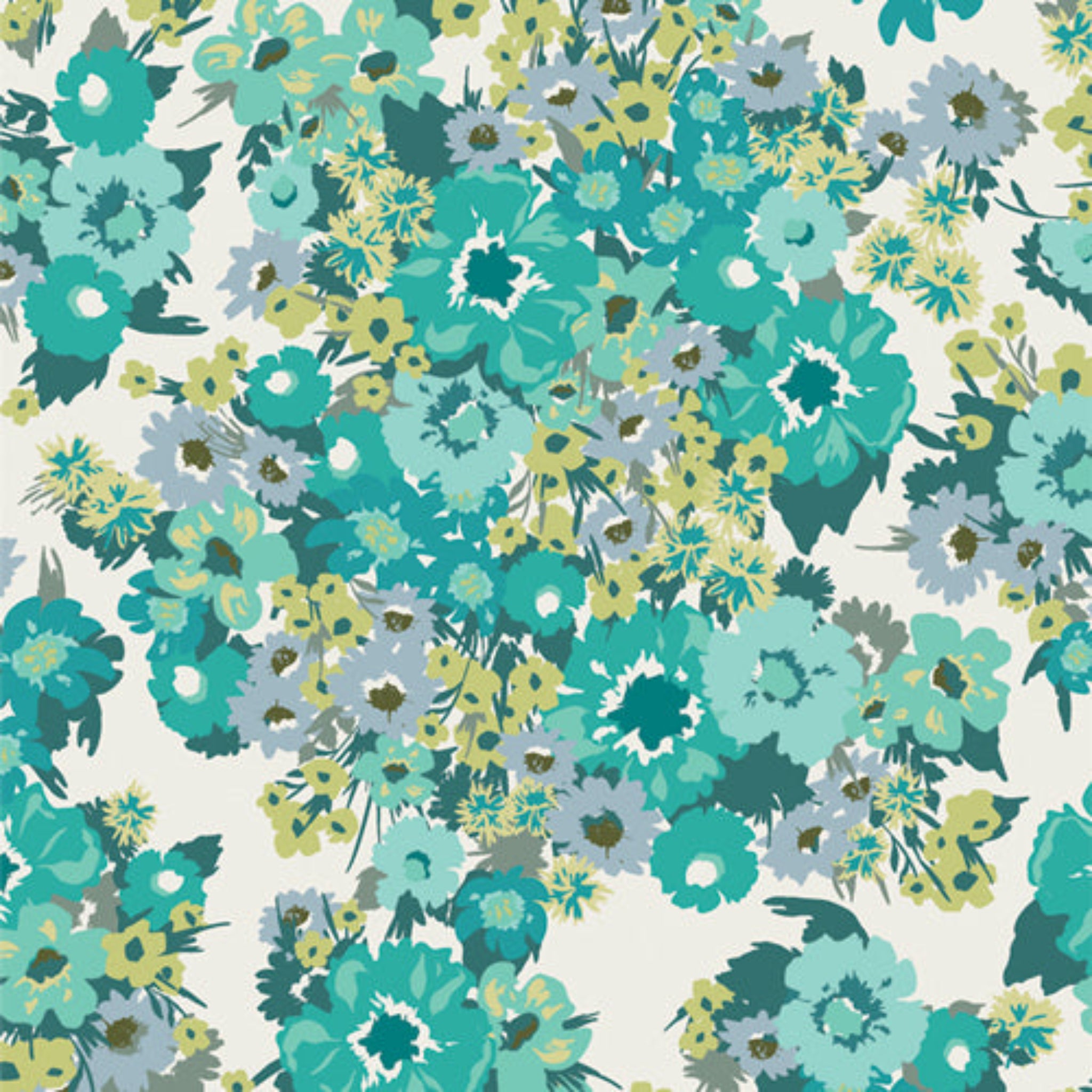 Pattern of teal, green, and yellow flowers on a white background