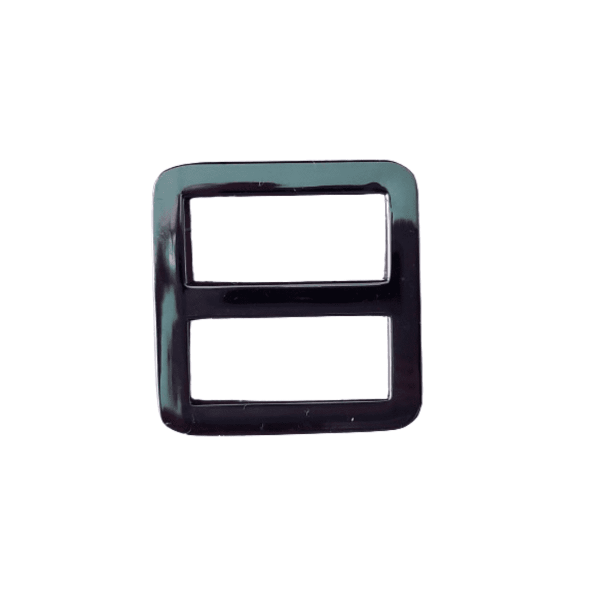 Gun metal coloured rectangular metal bag slider on a white background