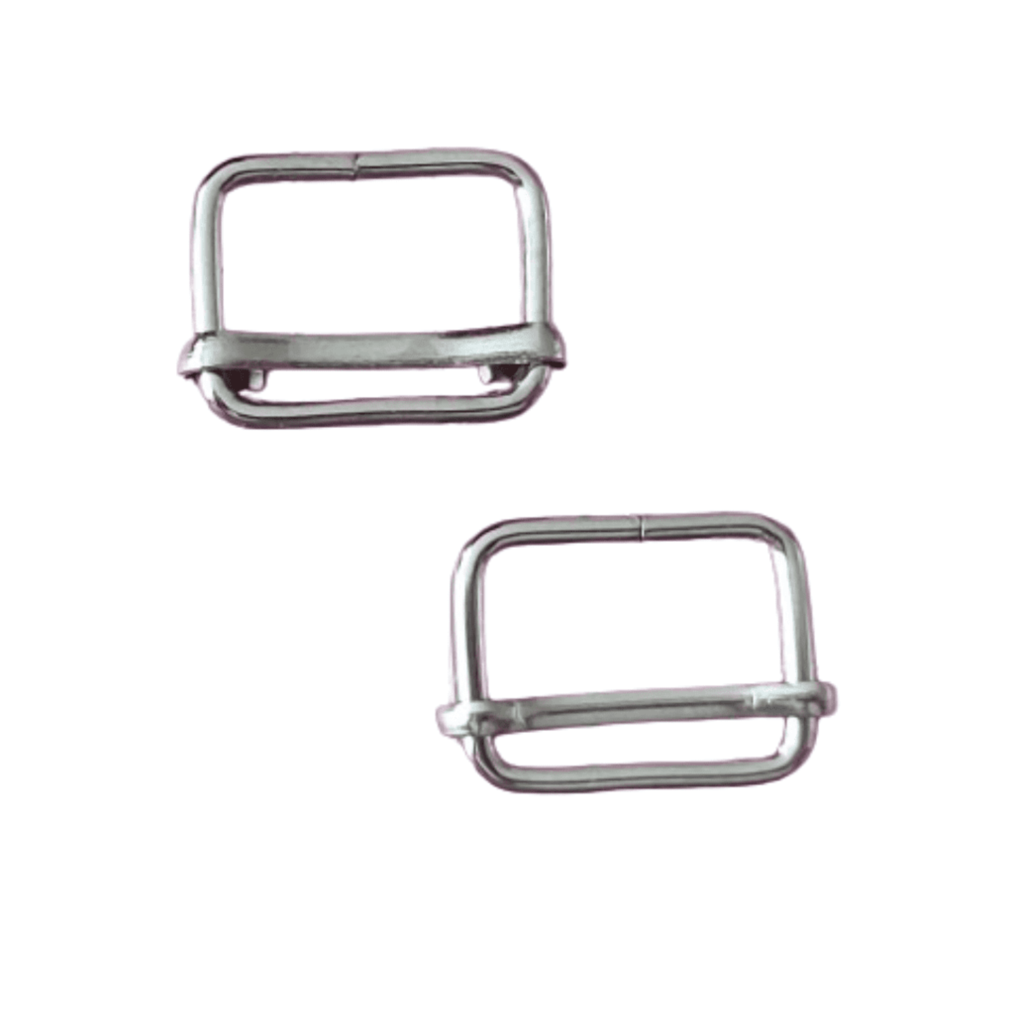Two metal rectangular bag sliders on a white background