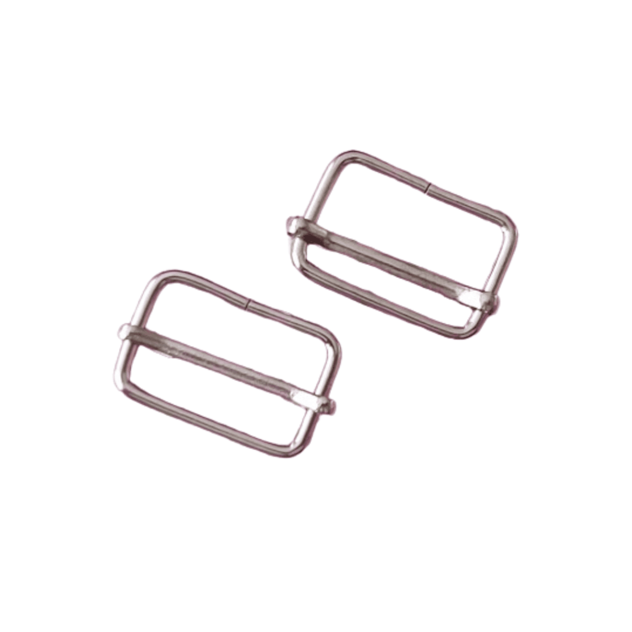 Two silver coloured metal rectangular bag sliders on a white background