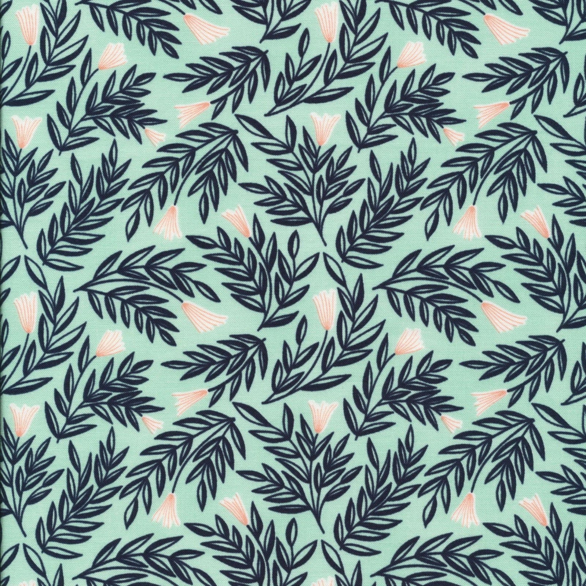 Pattern of dark green leaves and small pink flowers on a light aqua background. 100% cotton.