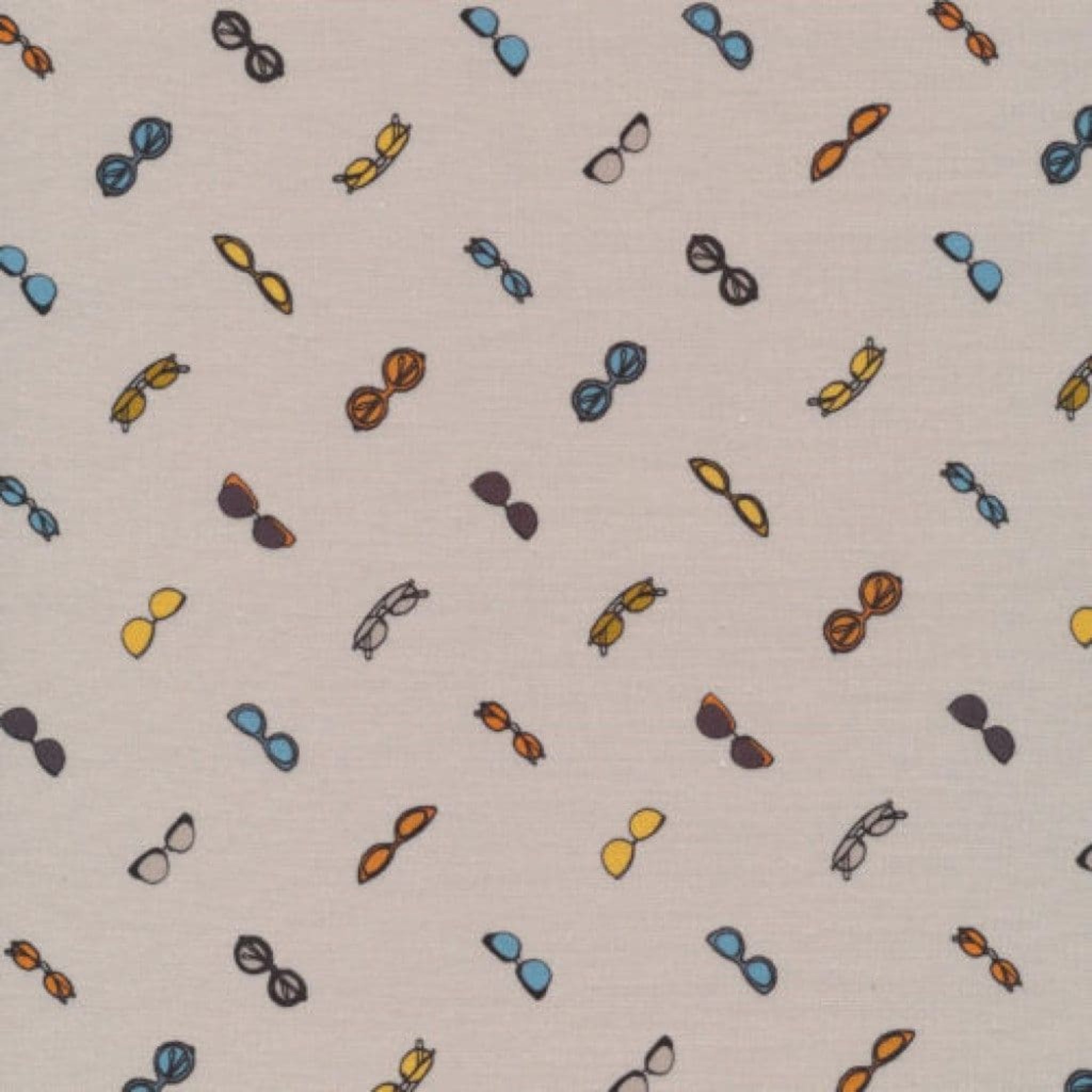 Pattern of colorful sunglasses on a beige background. 100% cotton fabric.