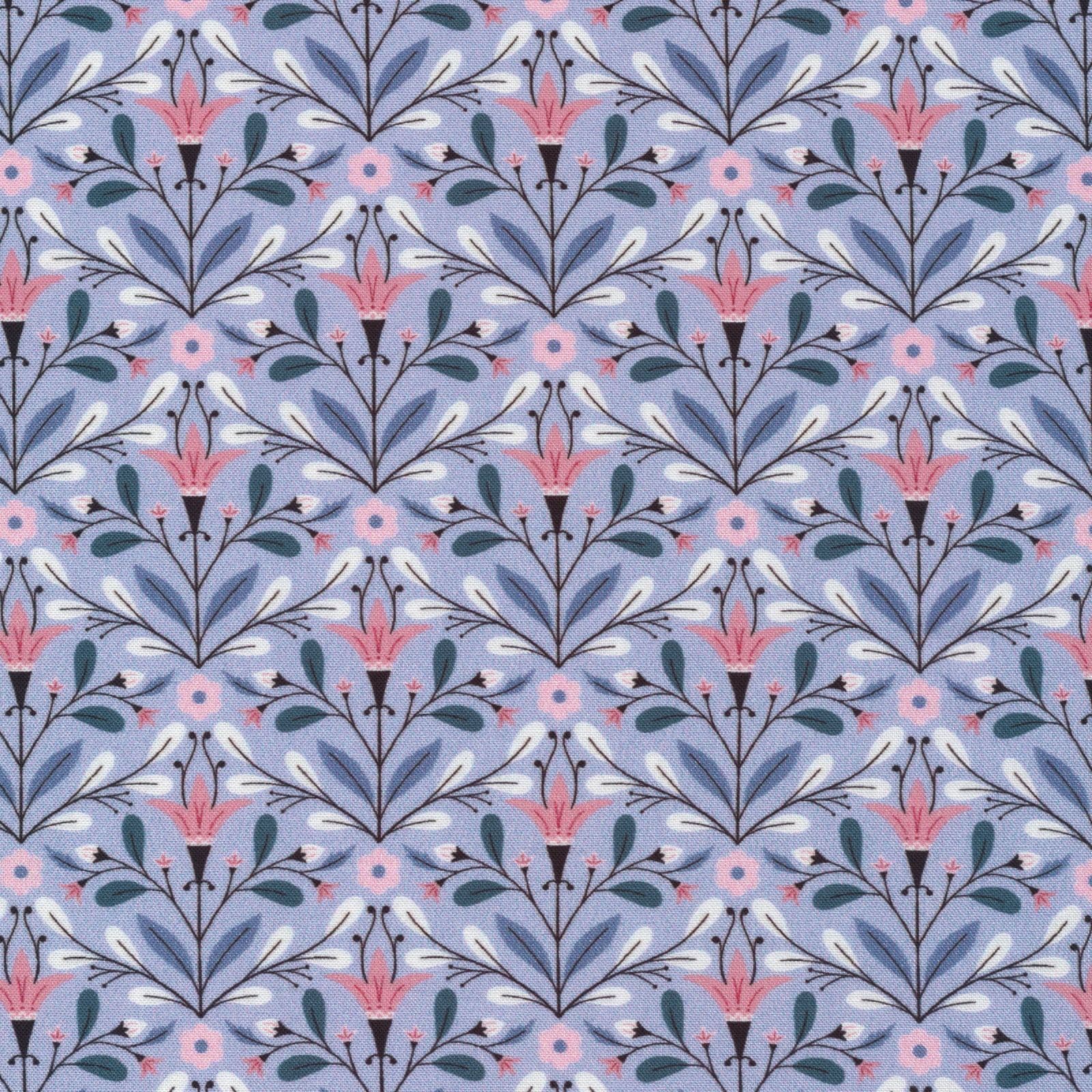 Patterned fabric with floral design on a lilac background. 100% cotton.