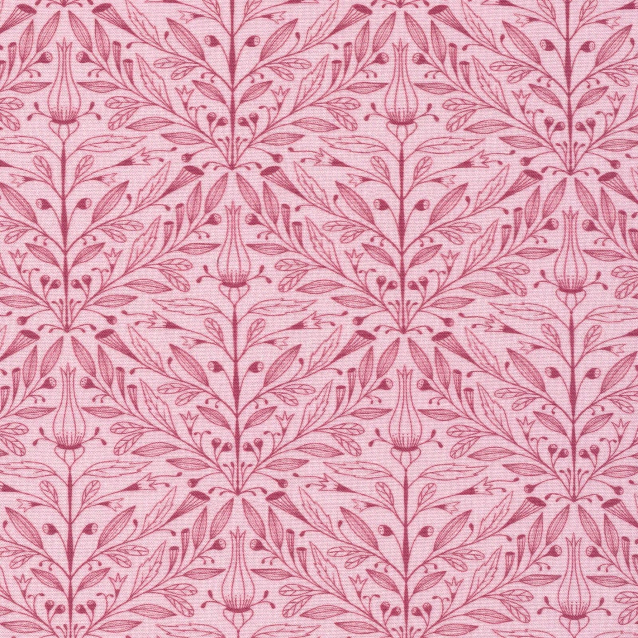 Pink floral pattern on a pink background. 100% cotton fabric.