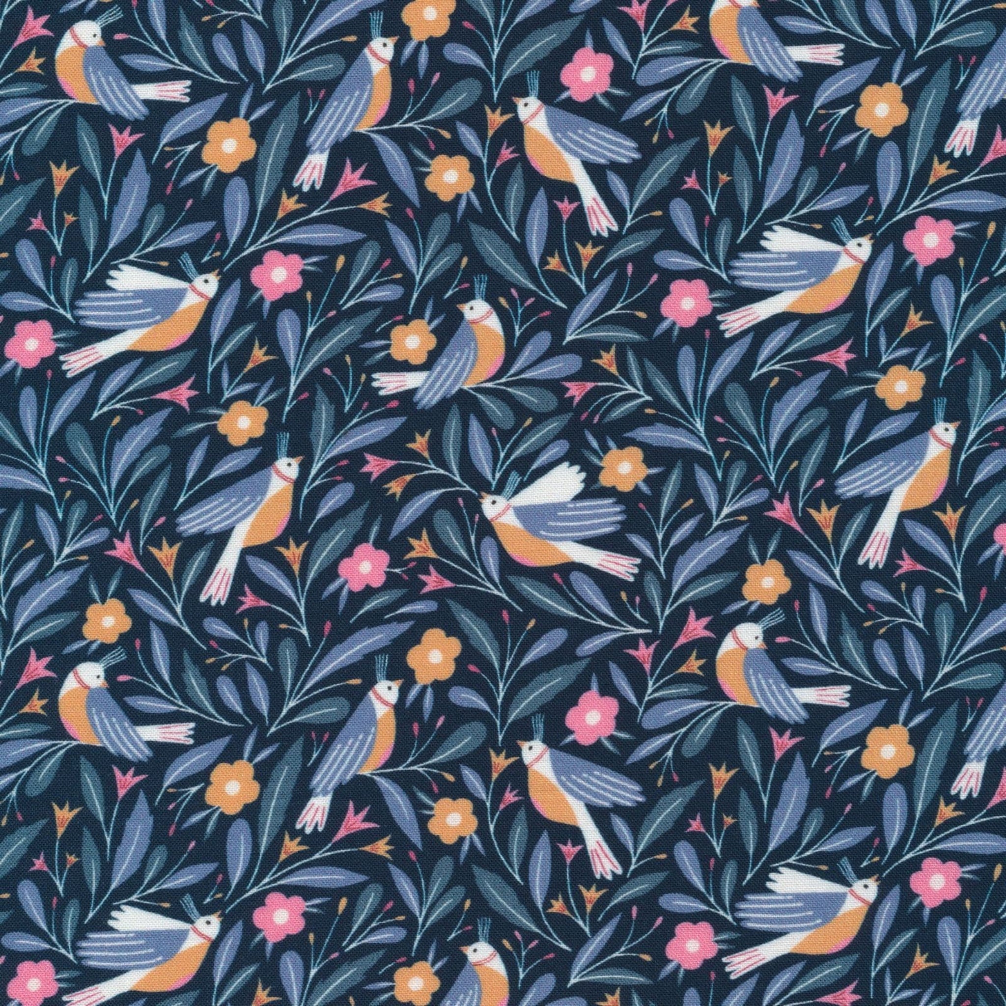 Pattern of birds and flowers on a dark blue background. 100% cotton fabric.
