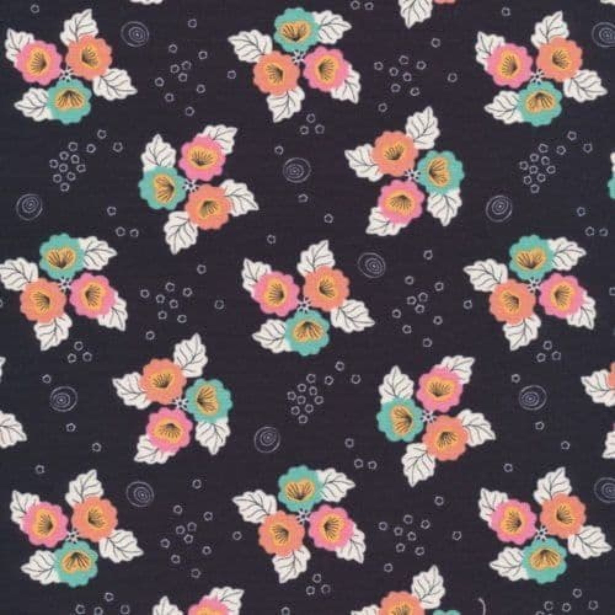 Floral pattern with pink, orange, and green flowers on a black background. 100% cotton fabric.