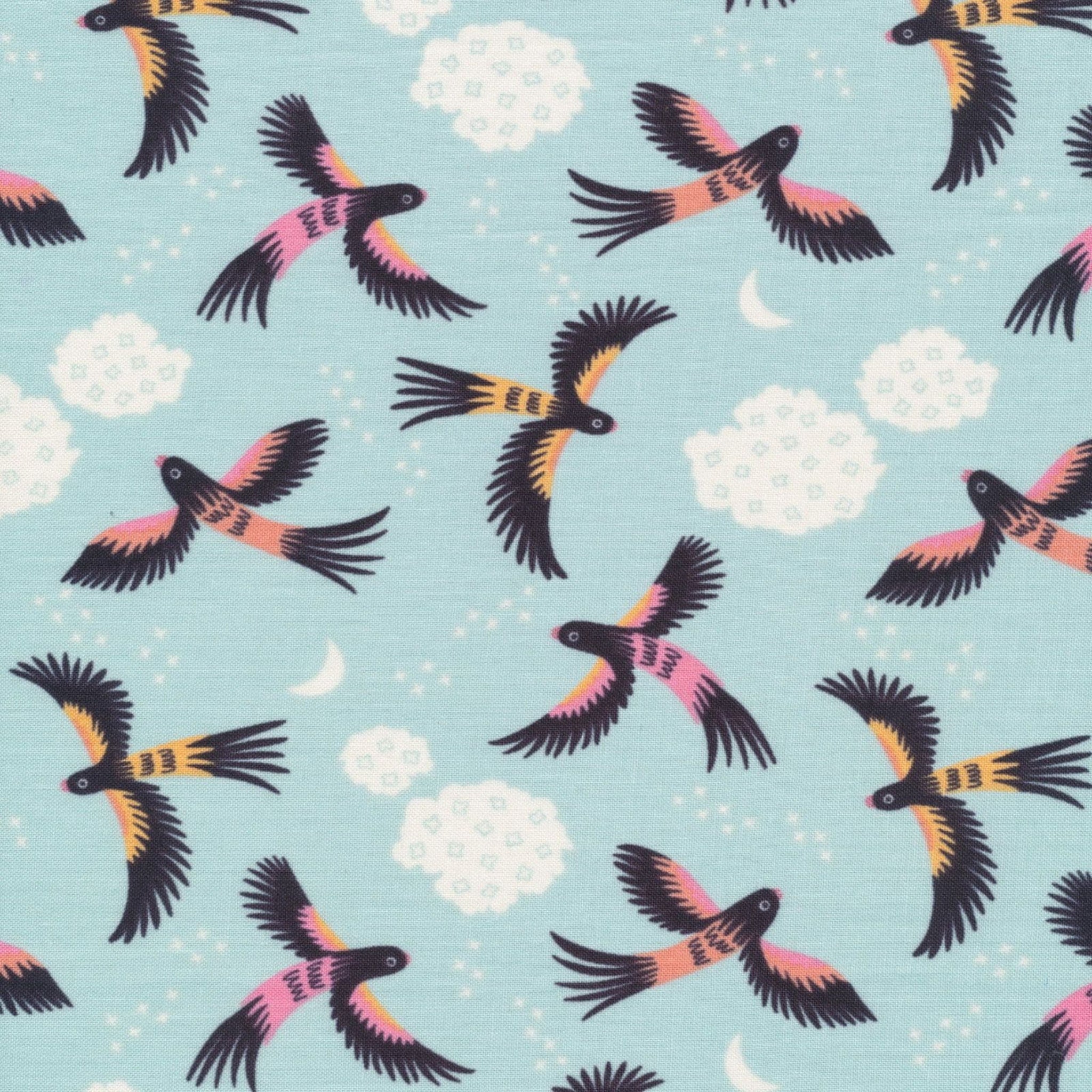 Pattern of colorfulparrots and clouds on a light blue background. 100% cotton fabric.