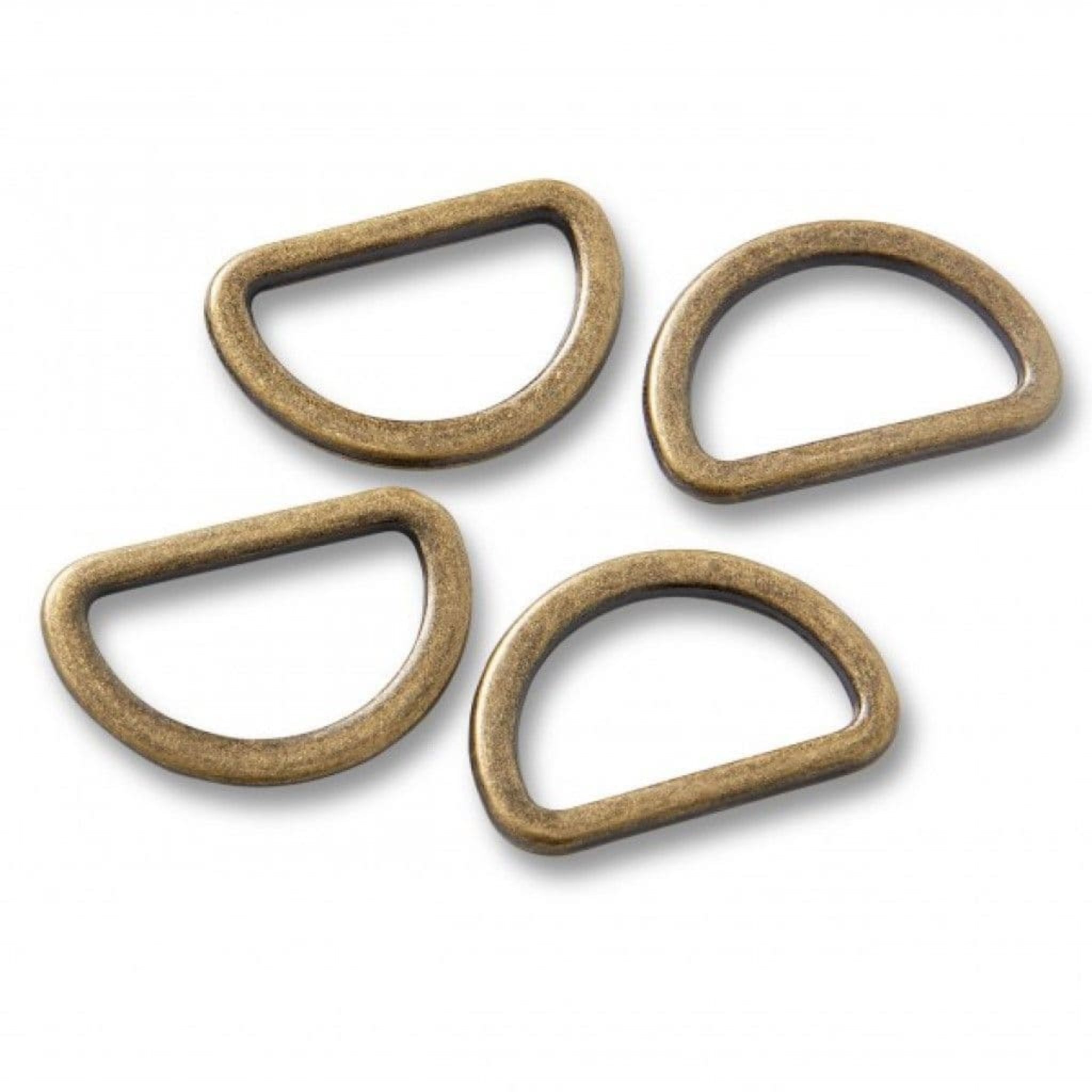 Four bronze-colored D-rings on a white background