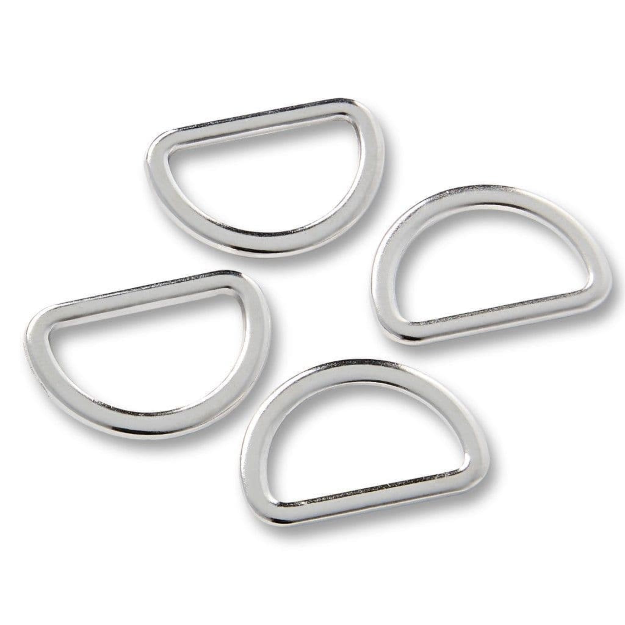 Four silver D-rings on a white background 20mm