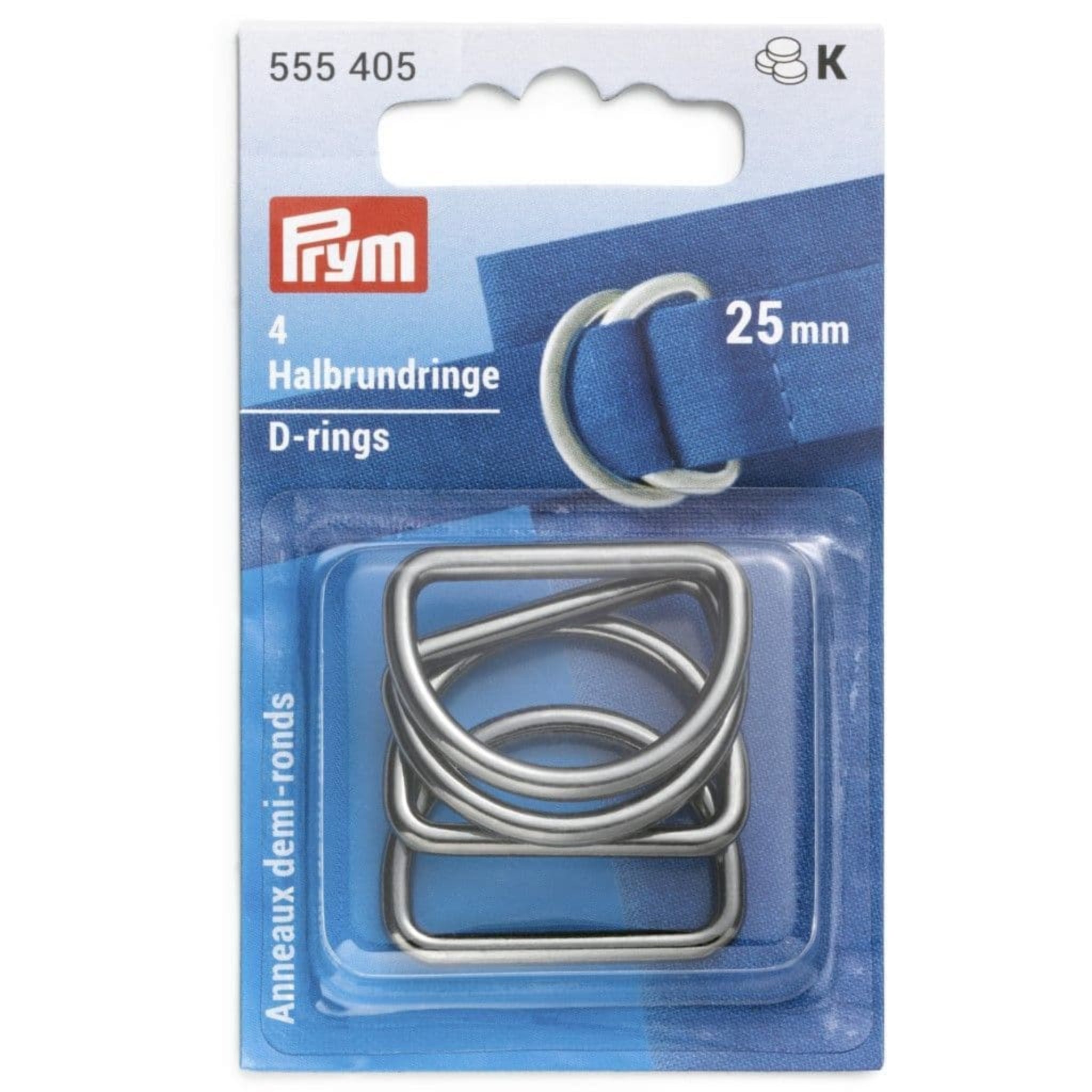 Prym D-rings packaging with four gun metal rings on a blue background