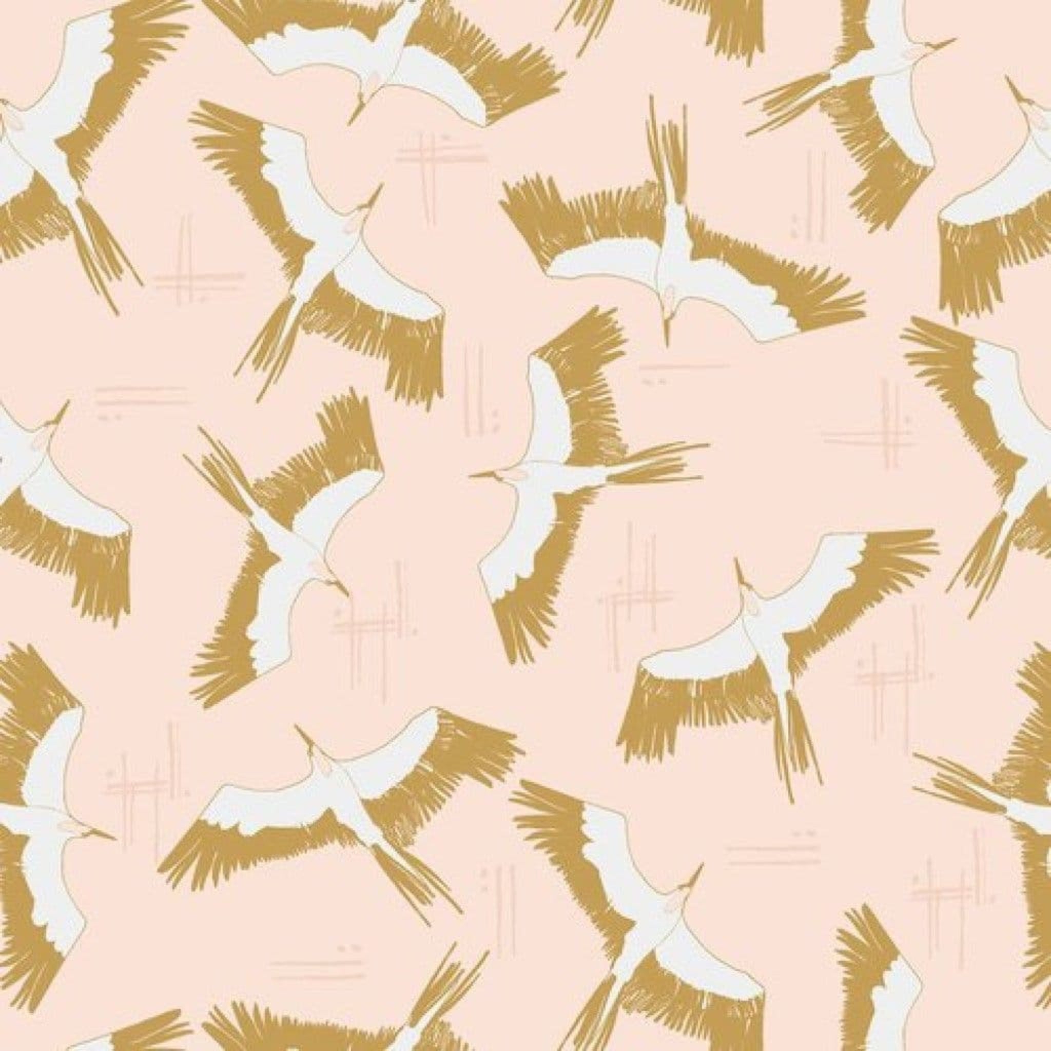 Pattern of white and gold birds on a pink background. 100% cotton fabric.