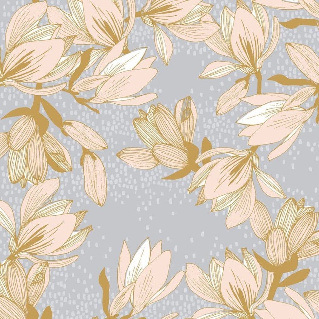 Lilies on silver grey background. 100% cotton fabric.