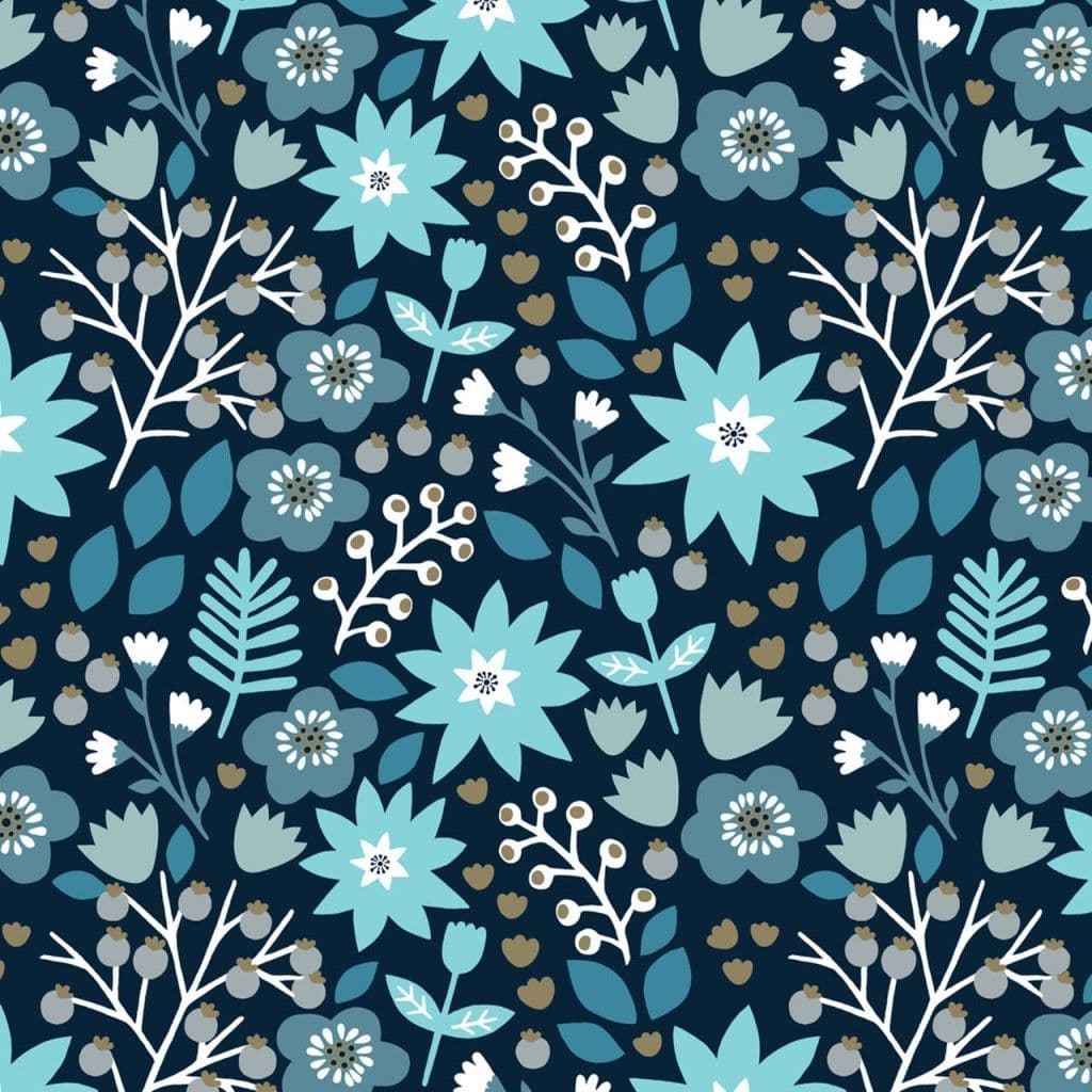 Floral pattern with blue flowers and leaves on a dark blue background. 100% cotton fabric.