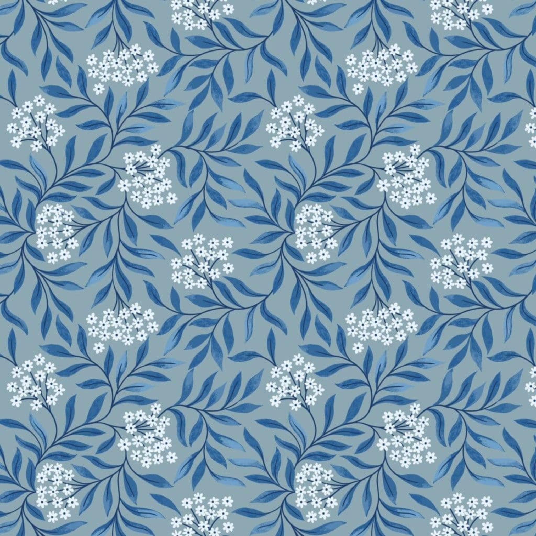 Blue 100% cotton fabric with blue leaves and small white flowers.