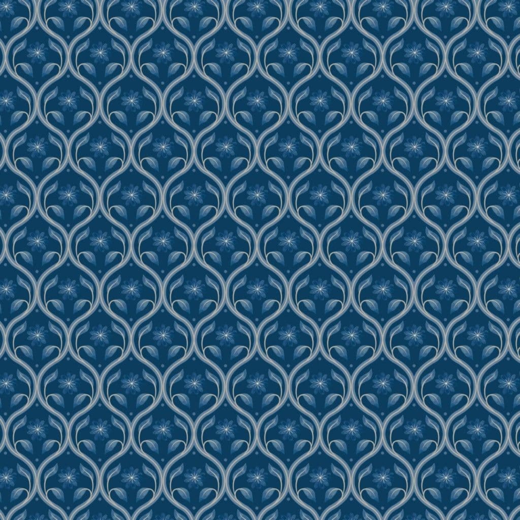 Floral trellis pattern on blue 100% cotton fabric.