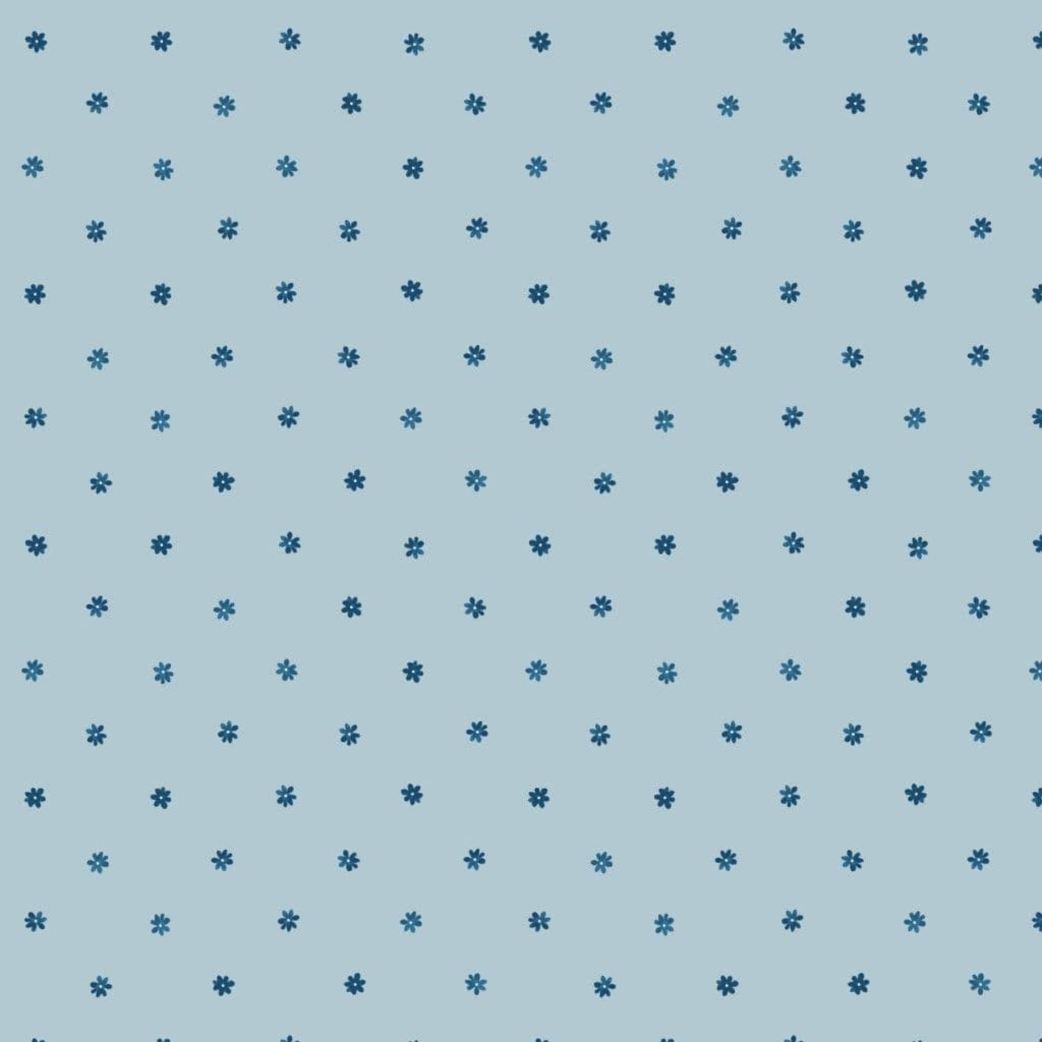 Pattern of blue flowers on a blue background. 100% cotton fabric.