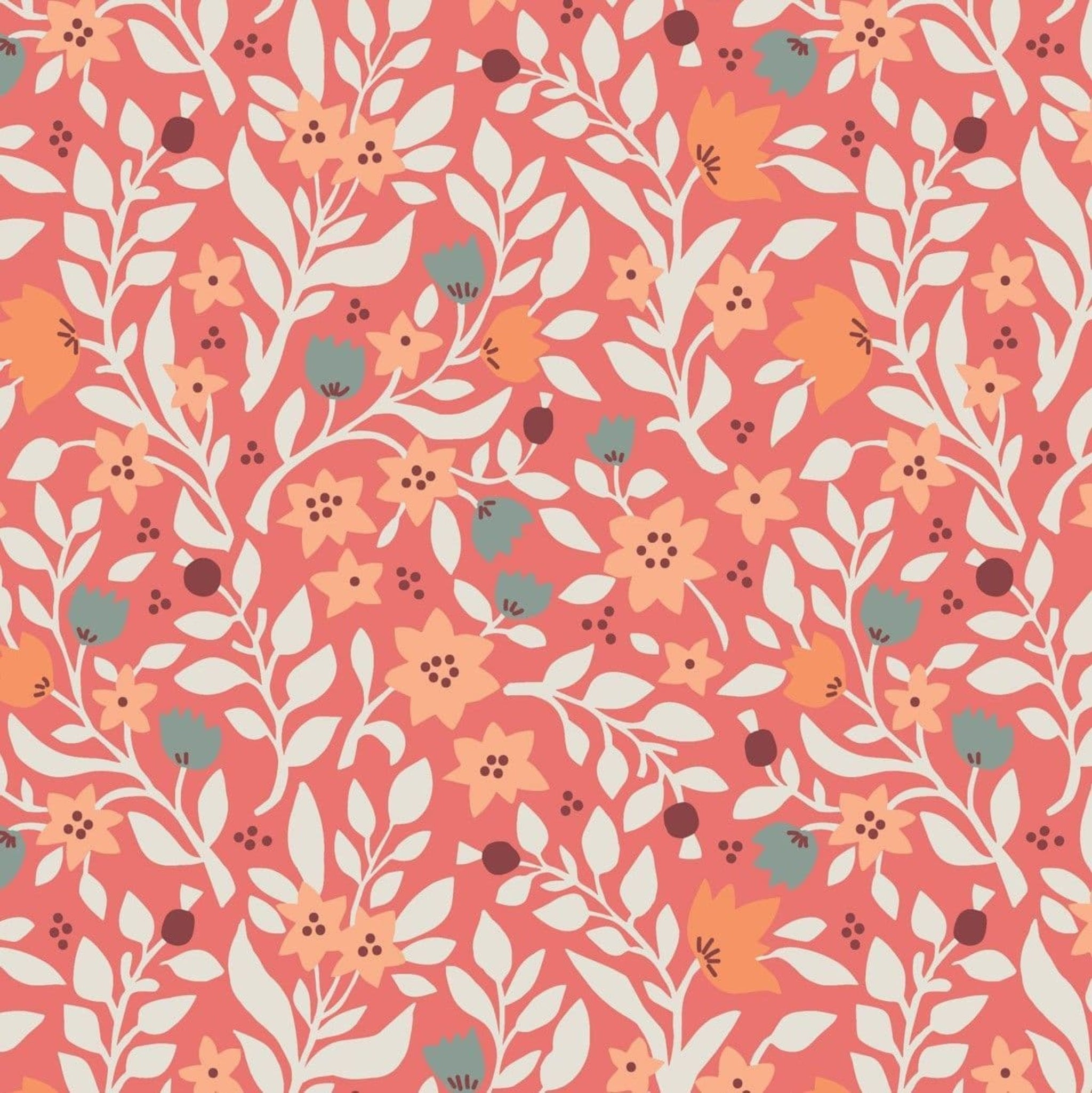 Floral pattern with peach flowers and green leaves on a coral background. 100% cotton fabric.