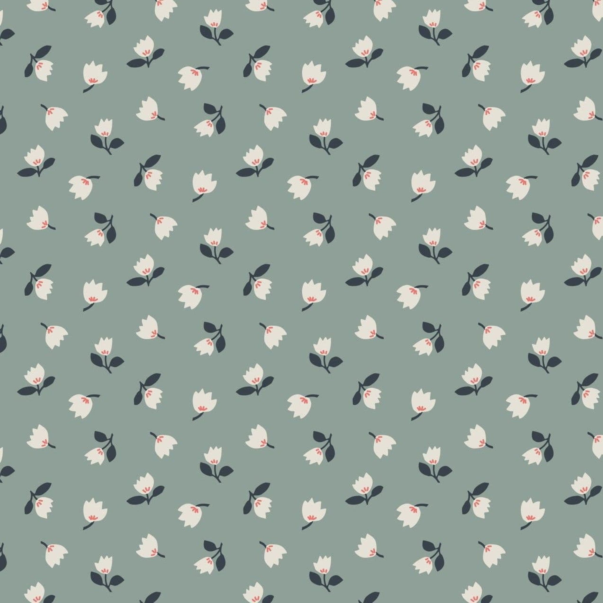Pattern of small white flowers with green leaves on a teal background