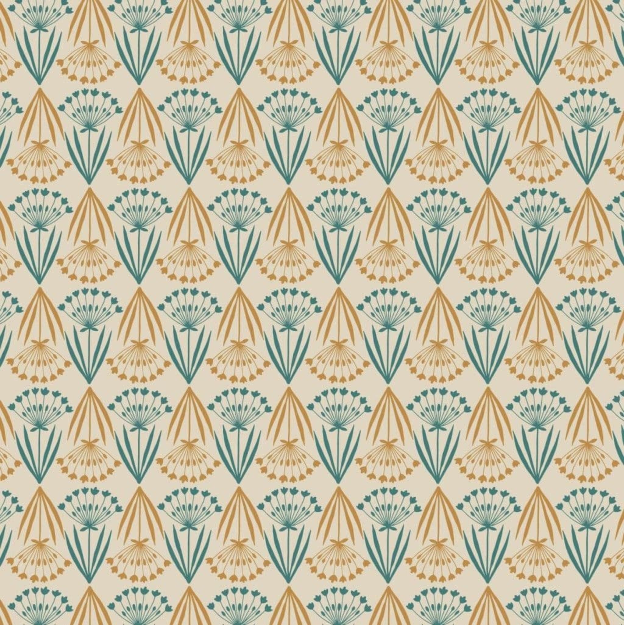 Mustard and teal coloured stems and flowers on a cream background. 100% cotton fabric.