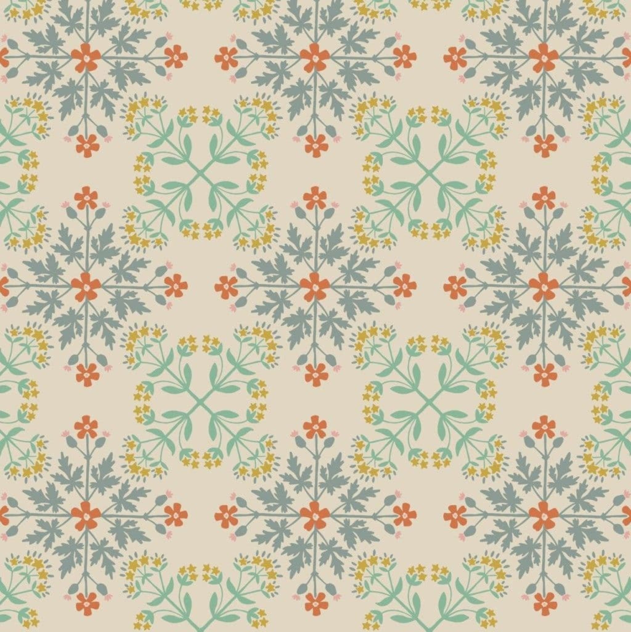 Tile effect pattern with flowers and geometric shapes on a beige background. 100% cotton fabric.