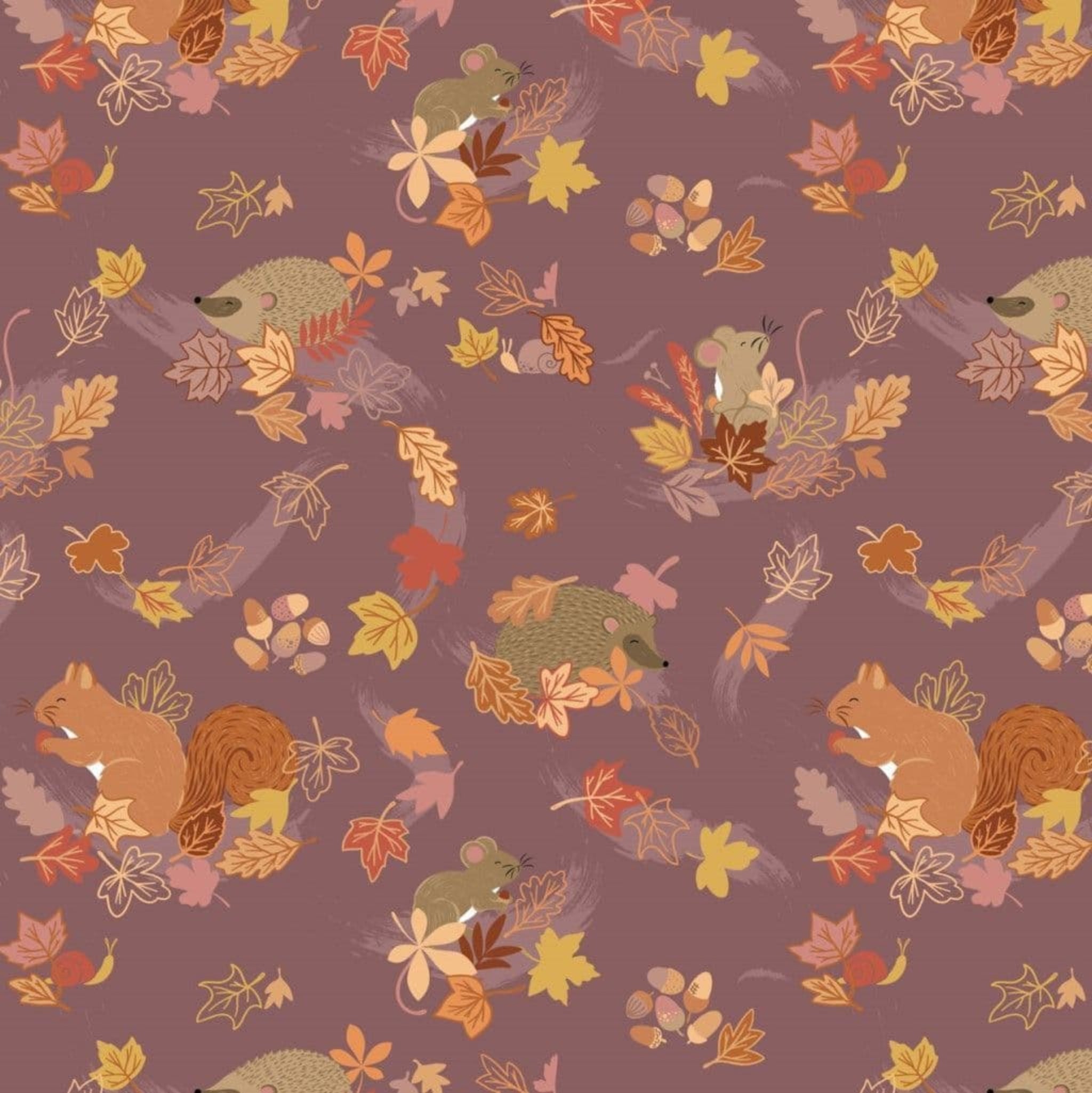 Pattern of hedgehogs, squirrels, and leaves on a brown background
