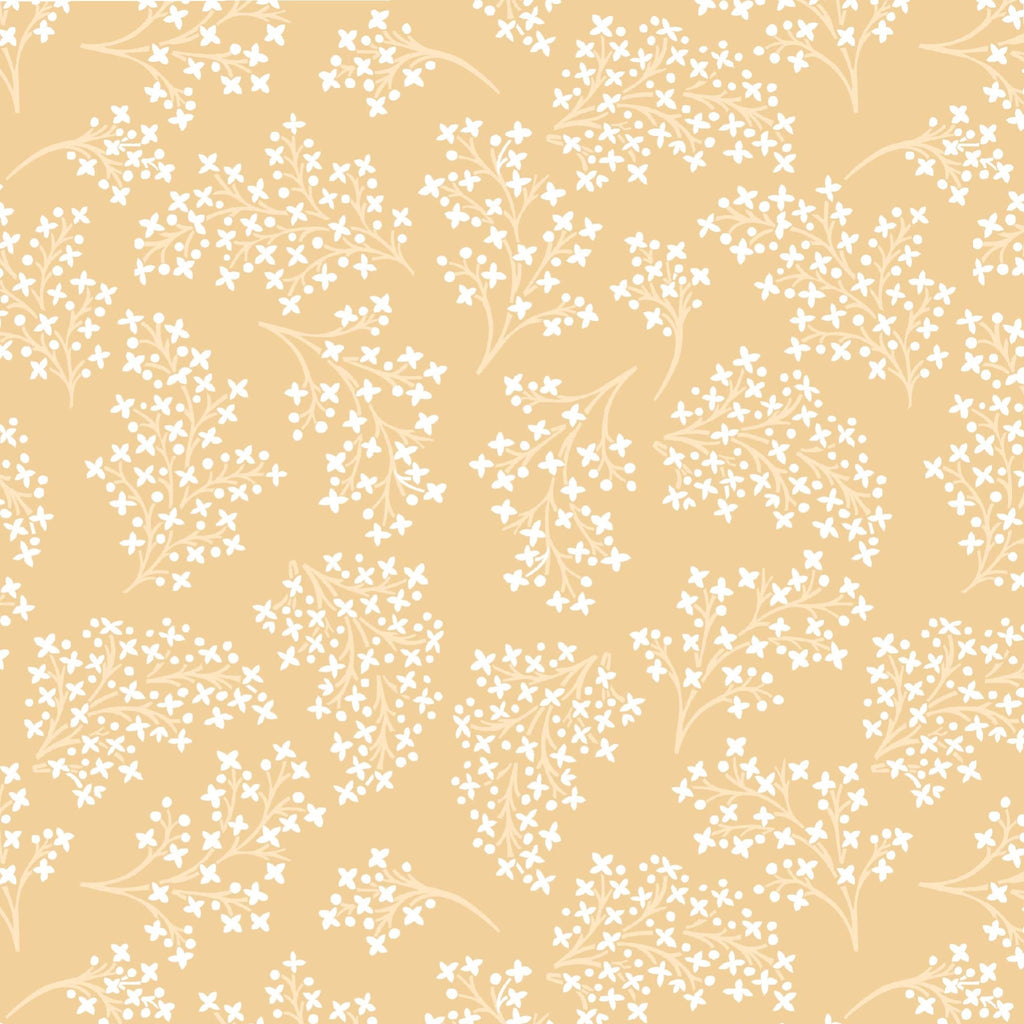A repeating floral pattern featuring delicate white sprigs and stems on a yellow background.