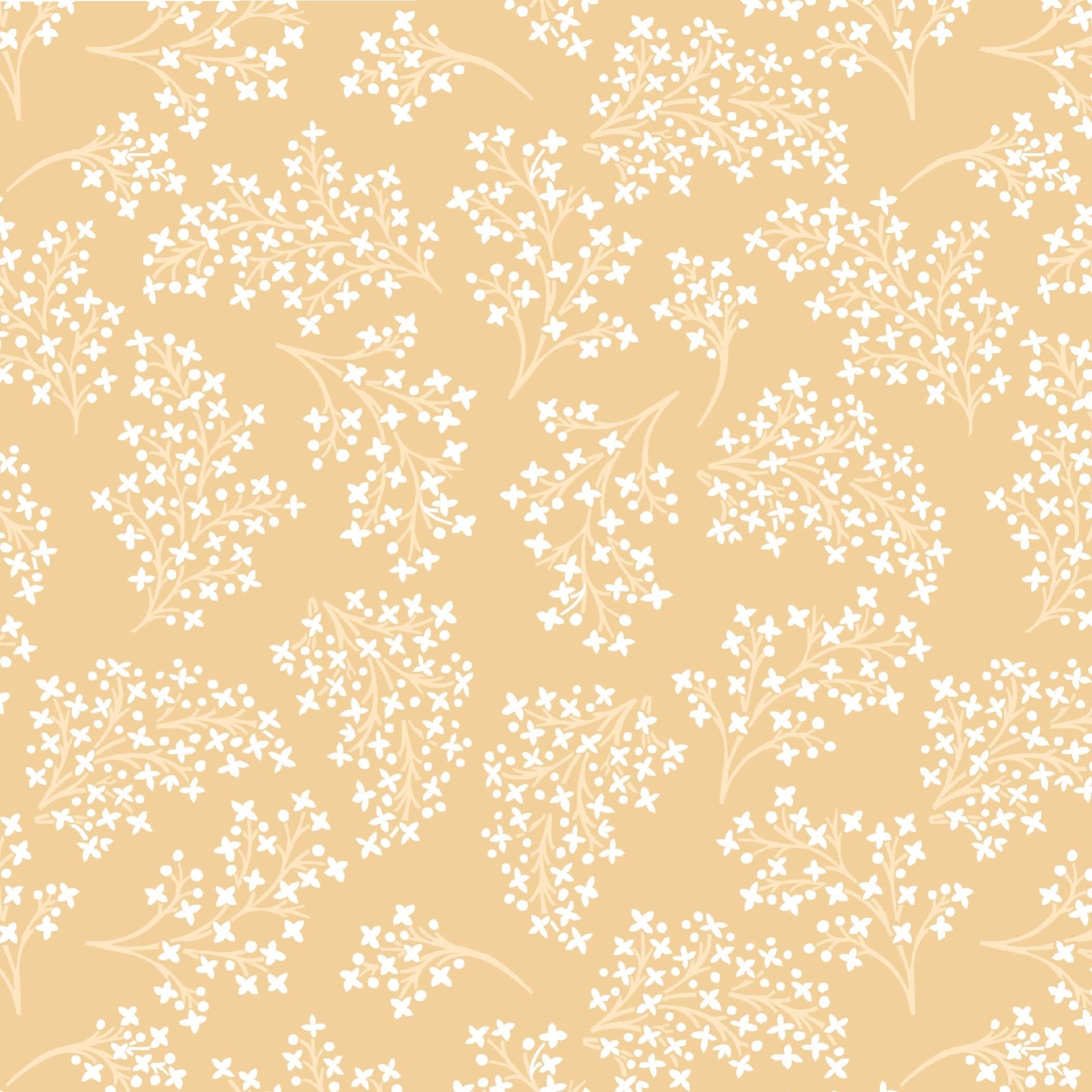 A repeating floral pattern featuring delicate white sprigs and stems on a yellow background.