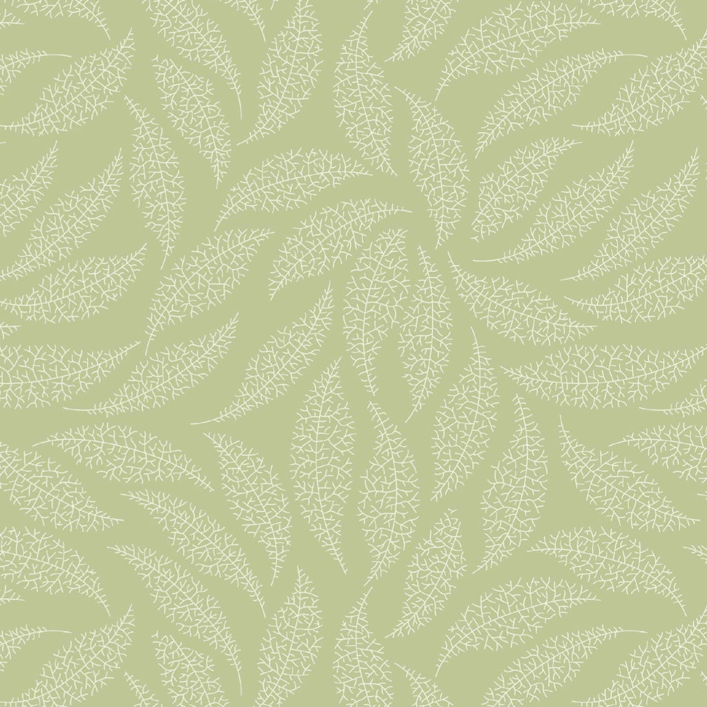 A repeating botanical pattern of pale white leaf silhouettes on a soft sage green background.