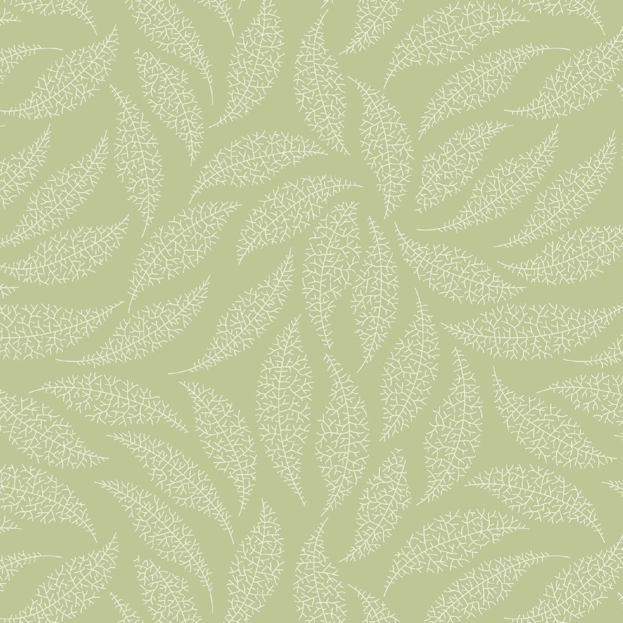 A repeating botanical pattern of pale white leaf silhouettes on a soft sage green background.