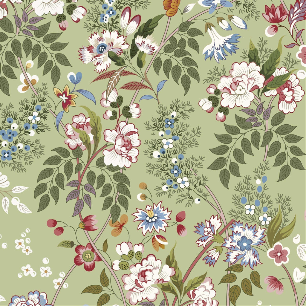 A repeating floral pattern featuring white, pink, and blue flowers with green leaves on a muted sage green background.