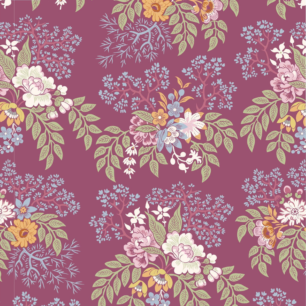 A repeating floral pattern on a dusty mauve background, featuring cream, pink, white, yellow, and light blue flowers with green and sage leaves.