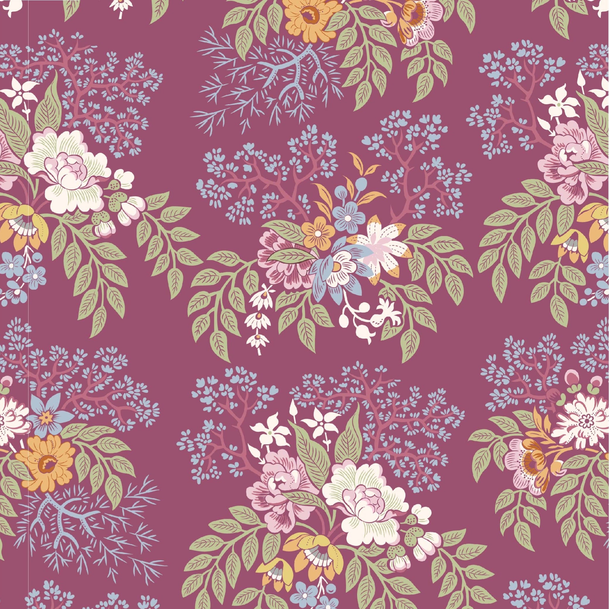 A repeating floral pattern on a dusty mauve background, featuring cream, pink, white, yellow, and light blue flowers with green and sage leaves.
