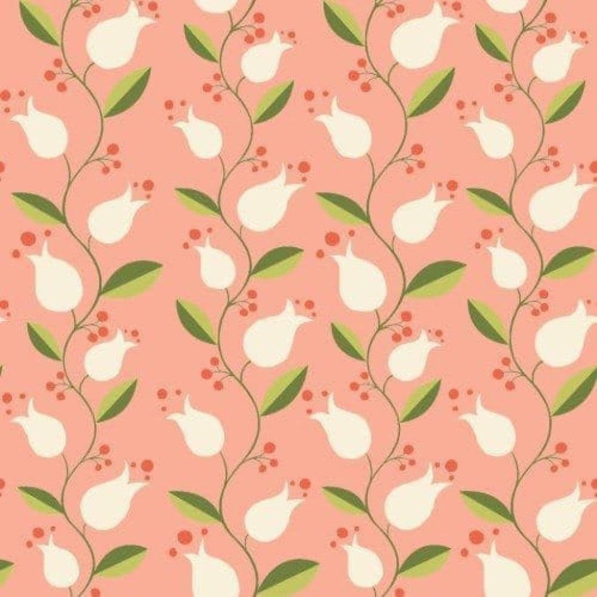 Pattern of white flowers, green leaves, and red berries on a peach background. 100% cotton fabric.