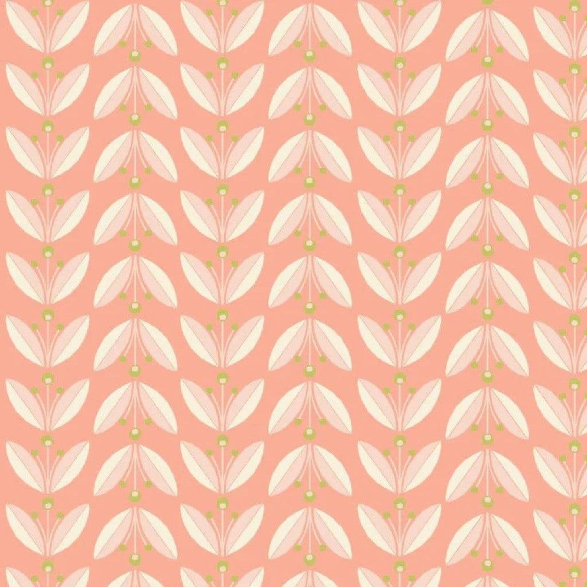 Pattern of white leaves on a peach background. 100% cotton fabric.