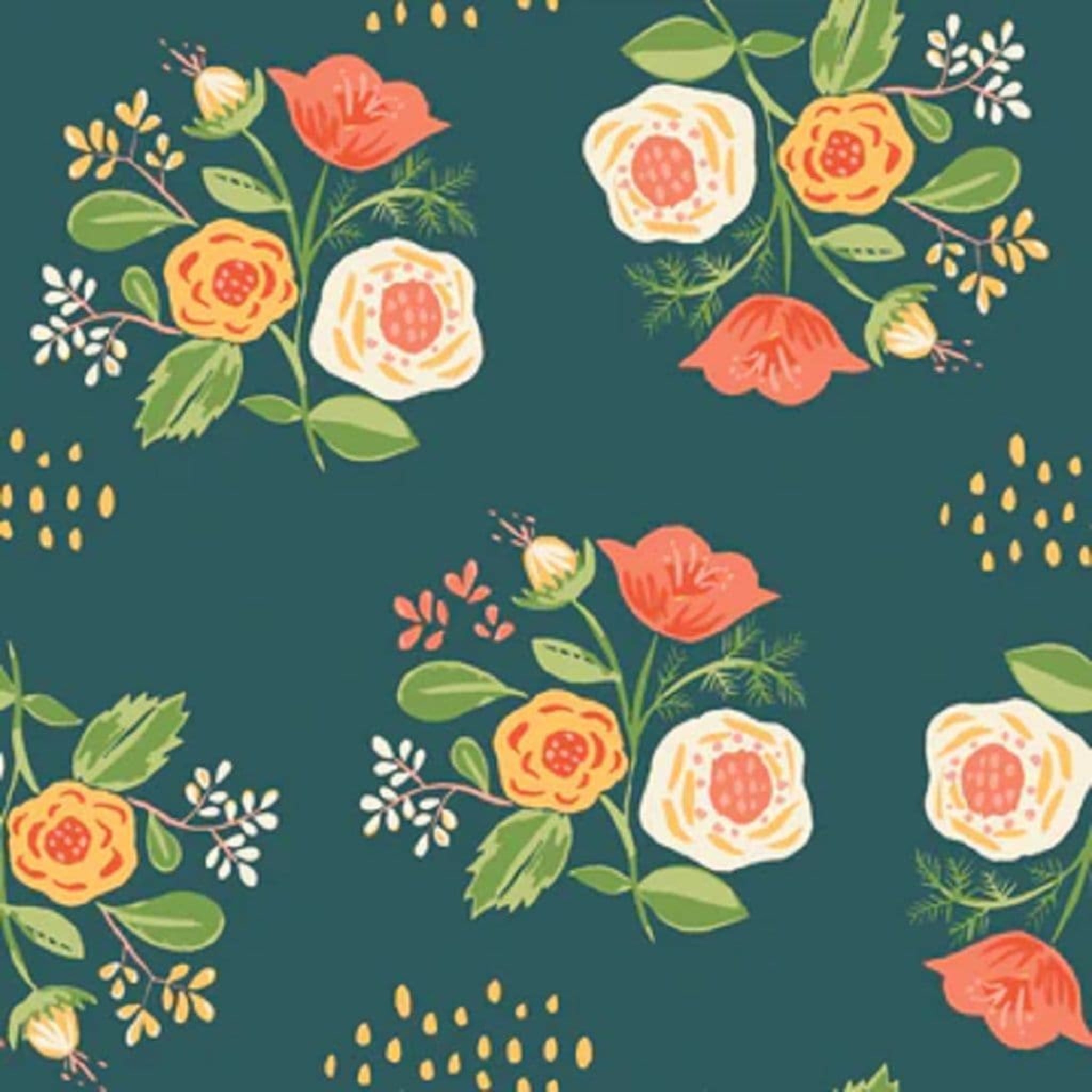 Floral pattern with colorful flowers on a dark green background. 100% cotton fabric
