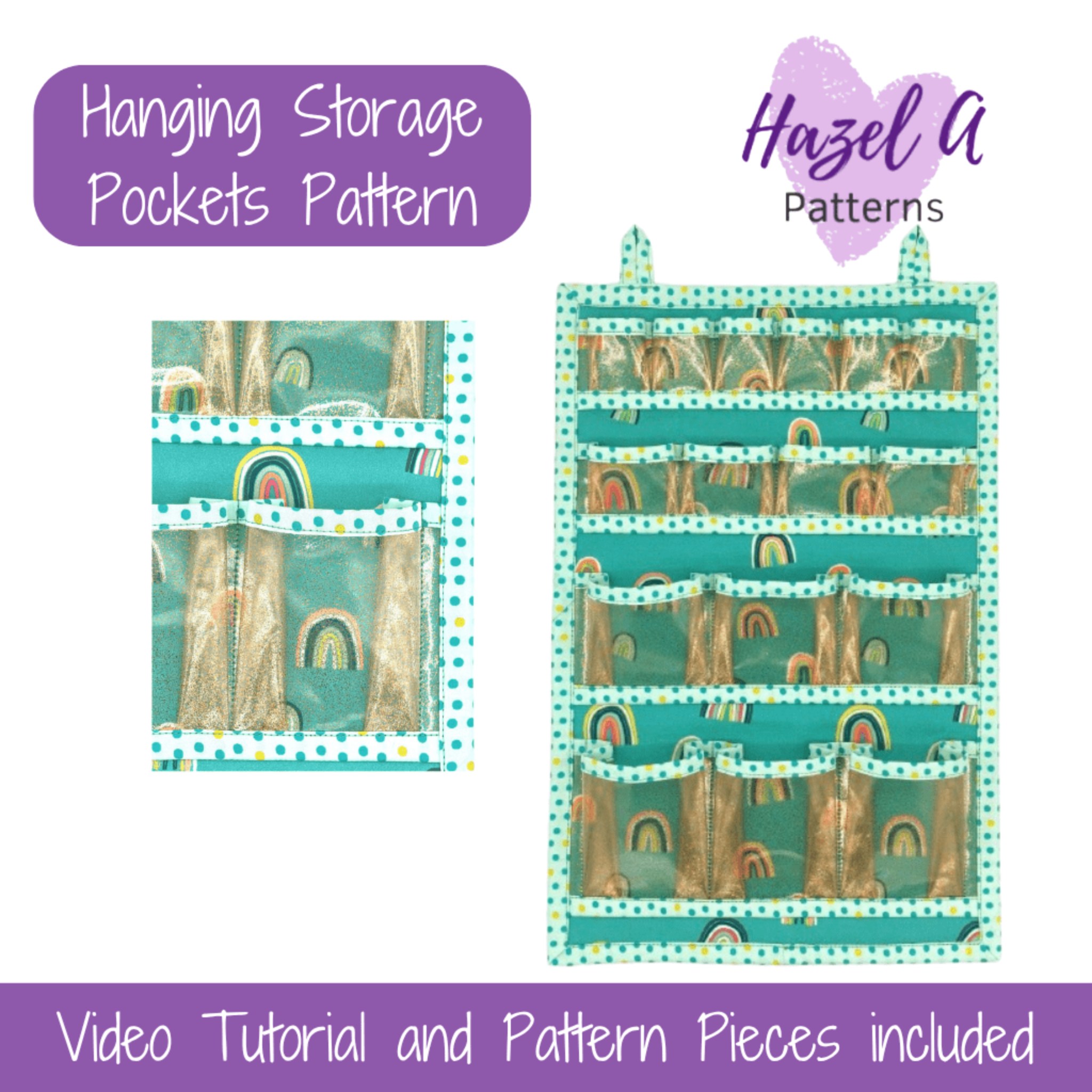 Hanging storage pockets pattern with 'Hazel A Patterns' branding and product details.