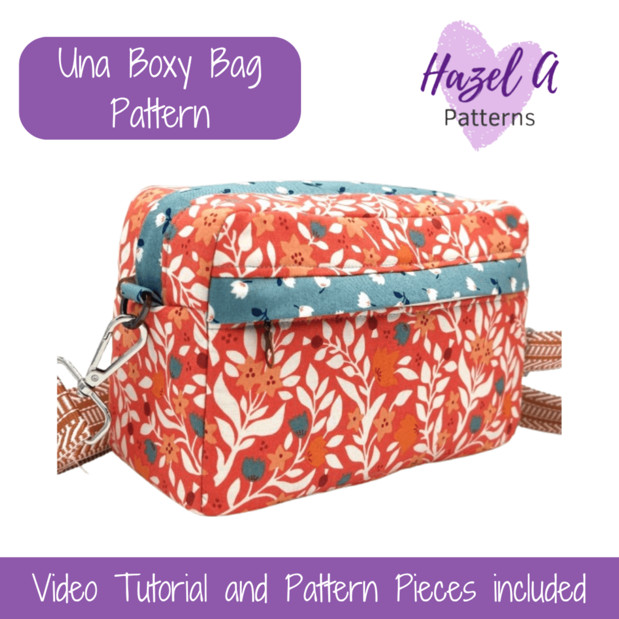 Printed sewing pattern for a boxy bag with cross-body strap, featuring Hazel A Patterns branding.