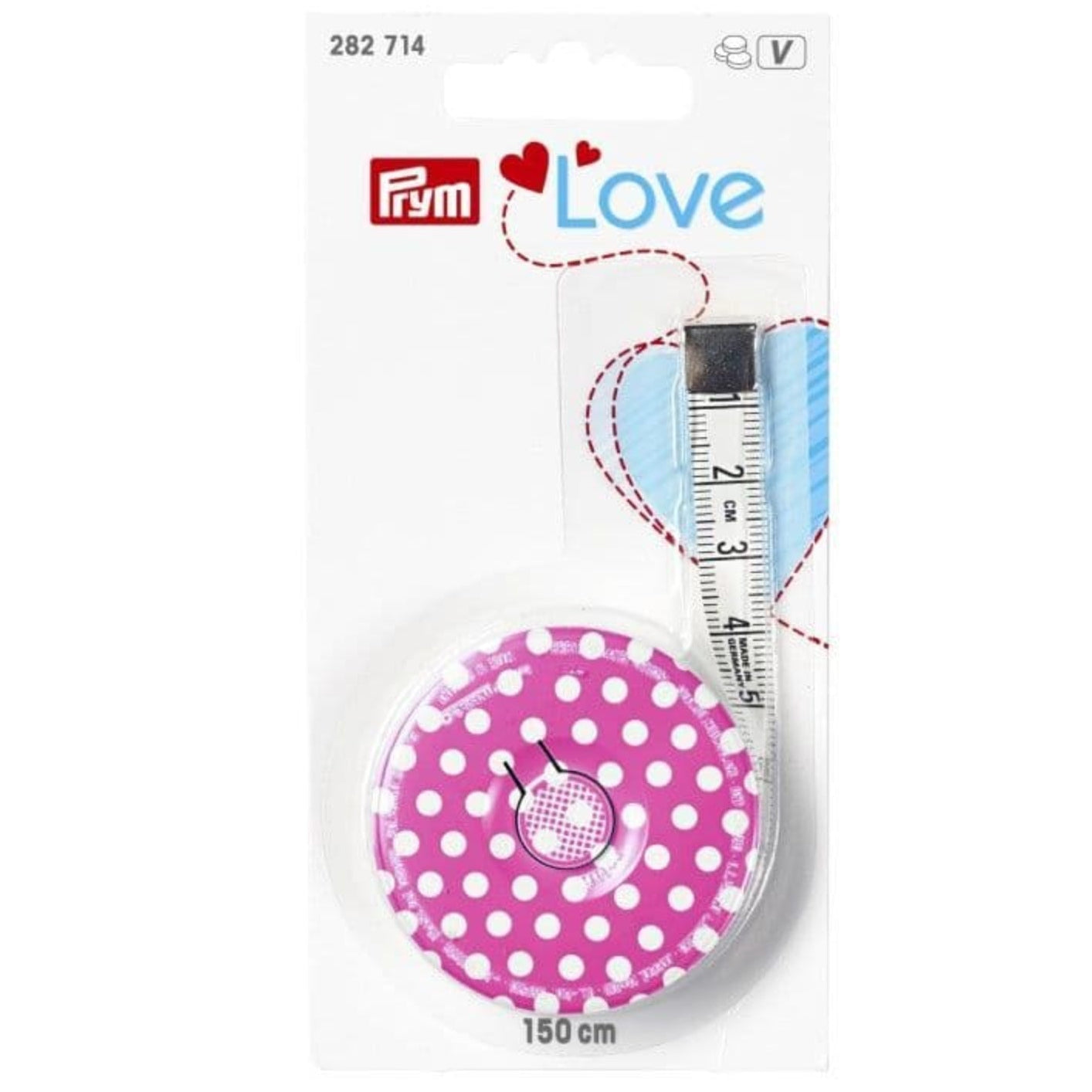  Prym measuring tape in pink with polka dot design.