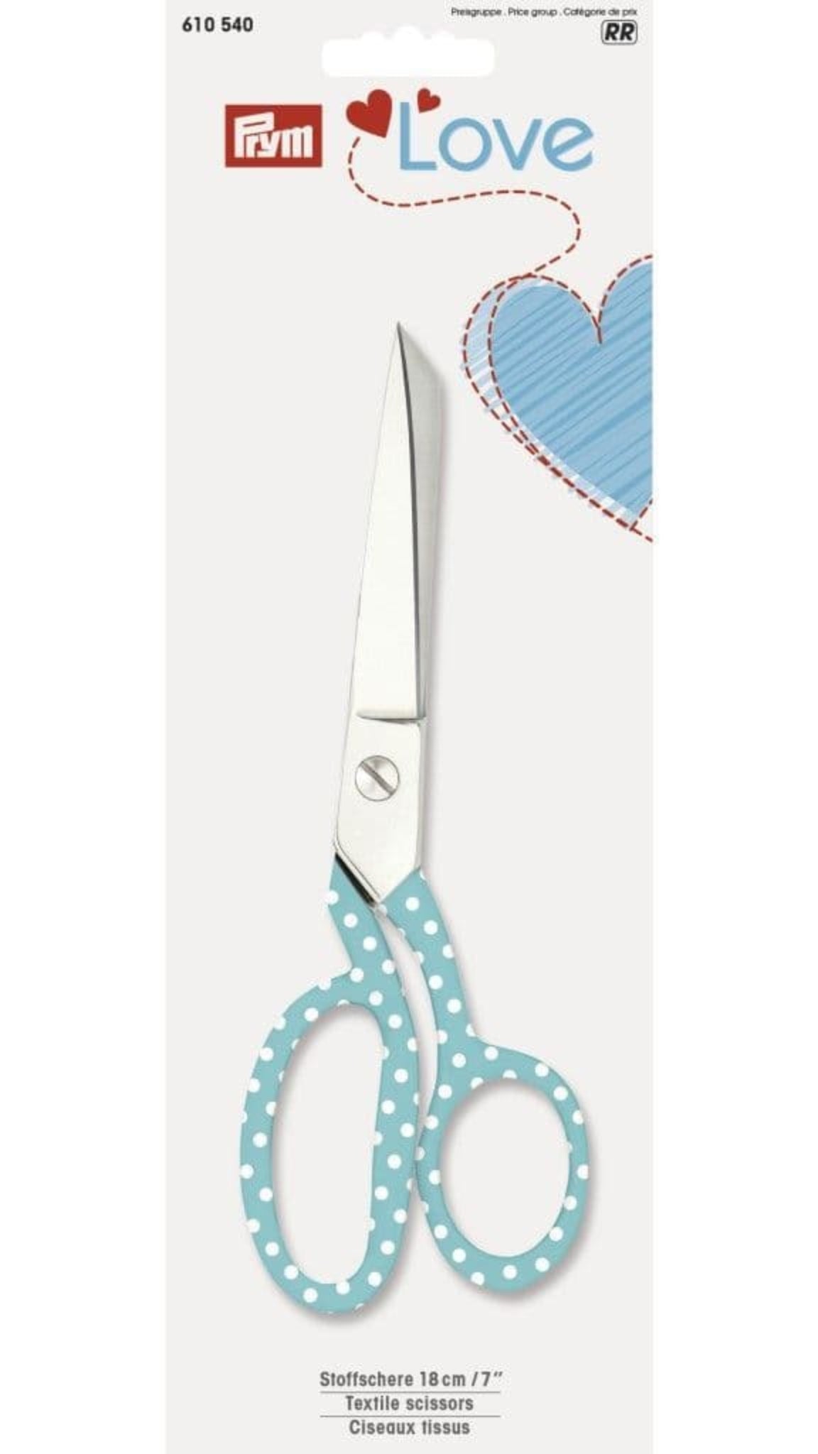 Scissors with blue polka dot handles on a white background with Prym branding.