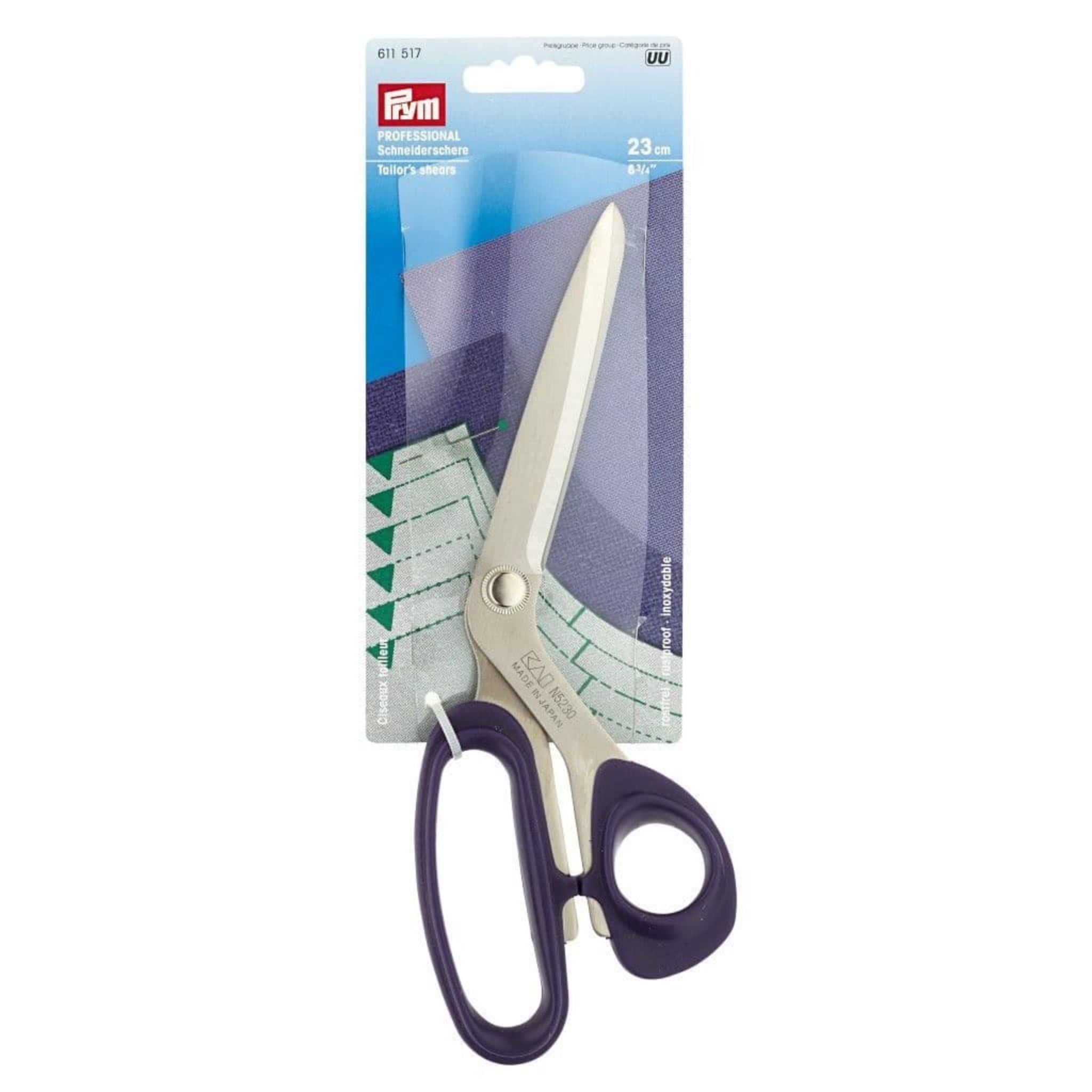 Pair of scissors with blue handles and a Prym branded package on a white background