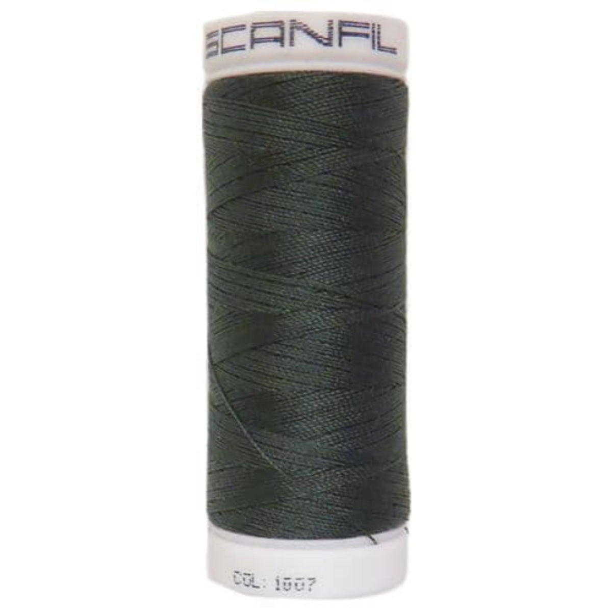 A spool of Scanfil sewing thread in a dark grey color.