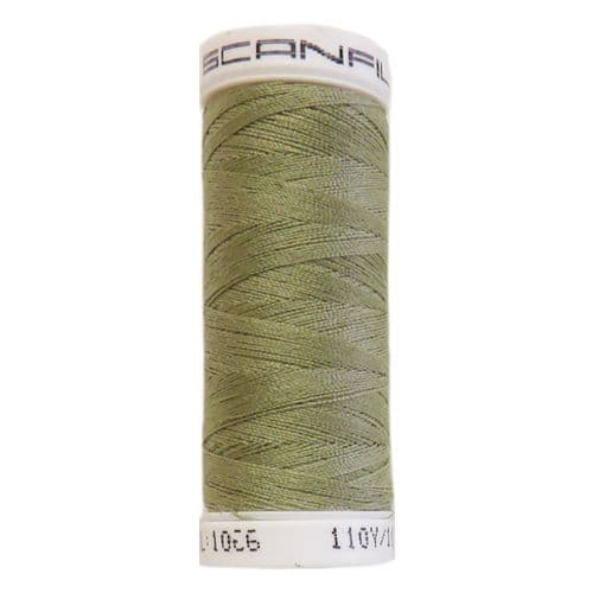 Spool of green thread with 'Scanfil' branding 