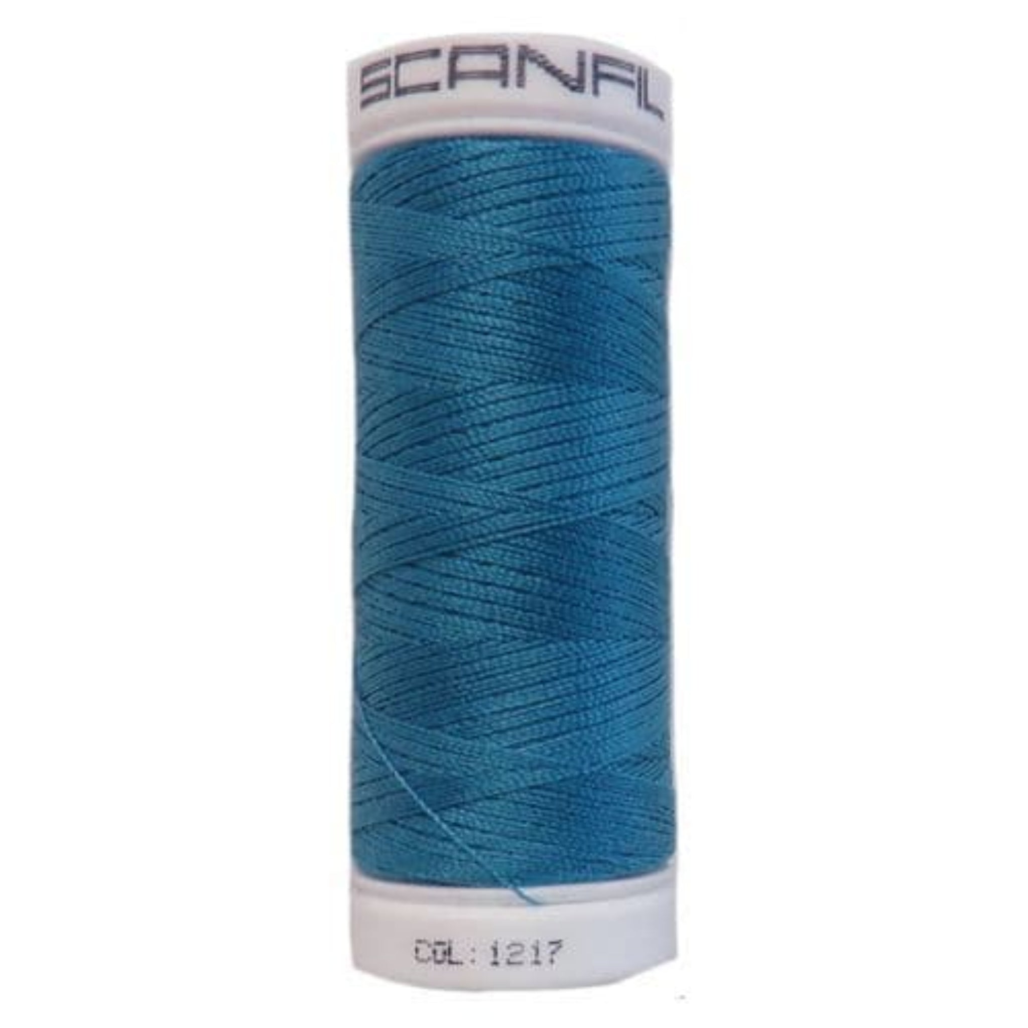 Spool of blue thread with 'SCANFIL' branding 