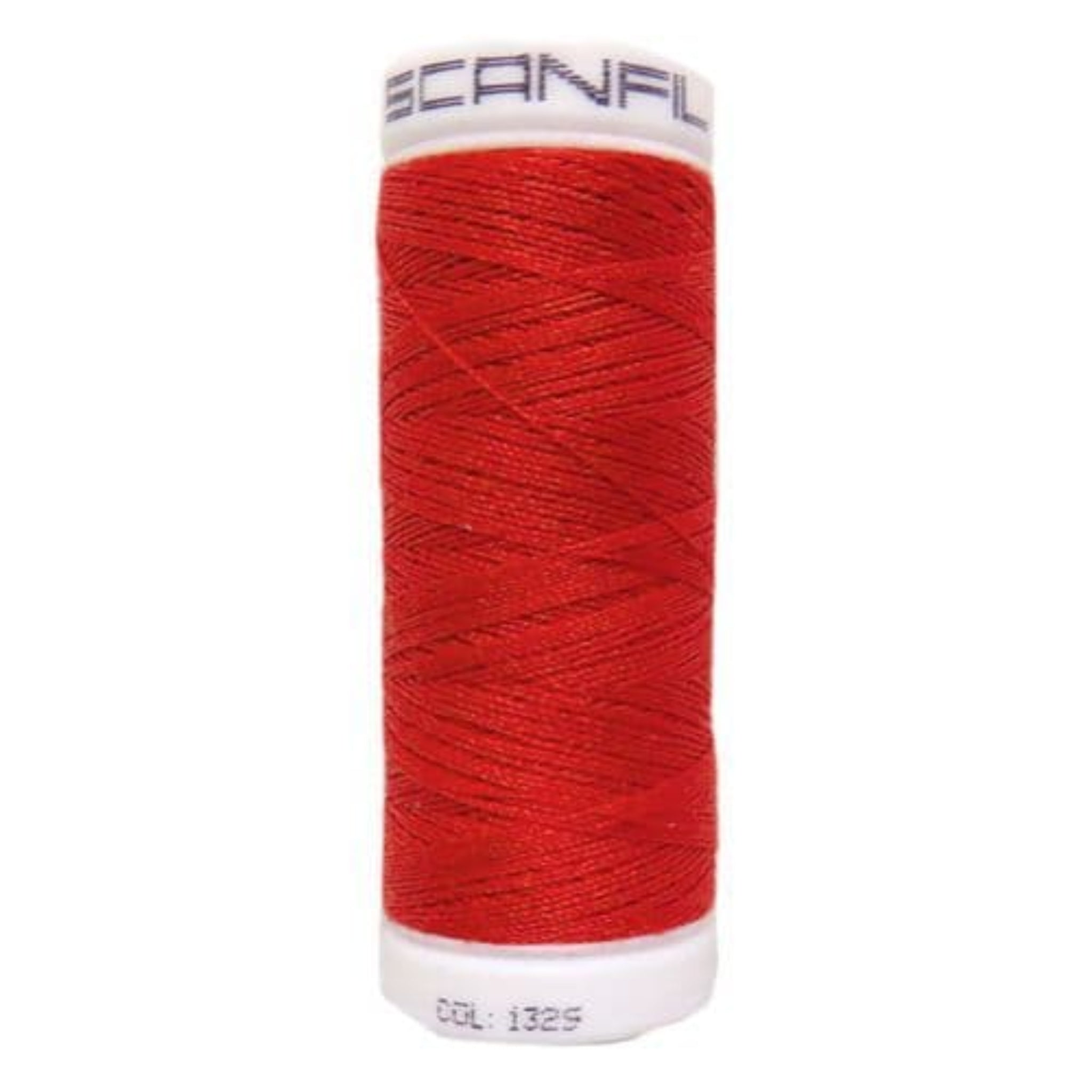 Red spool of thread with 'Scanfil' branding 